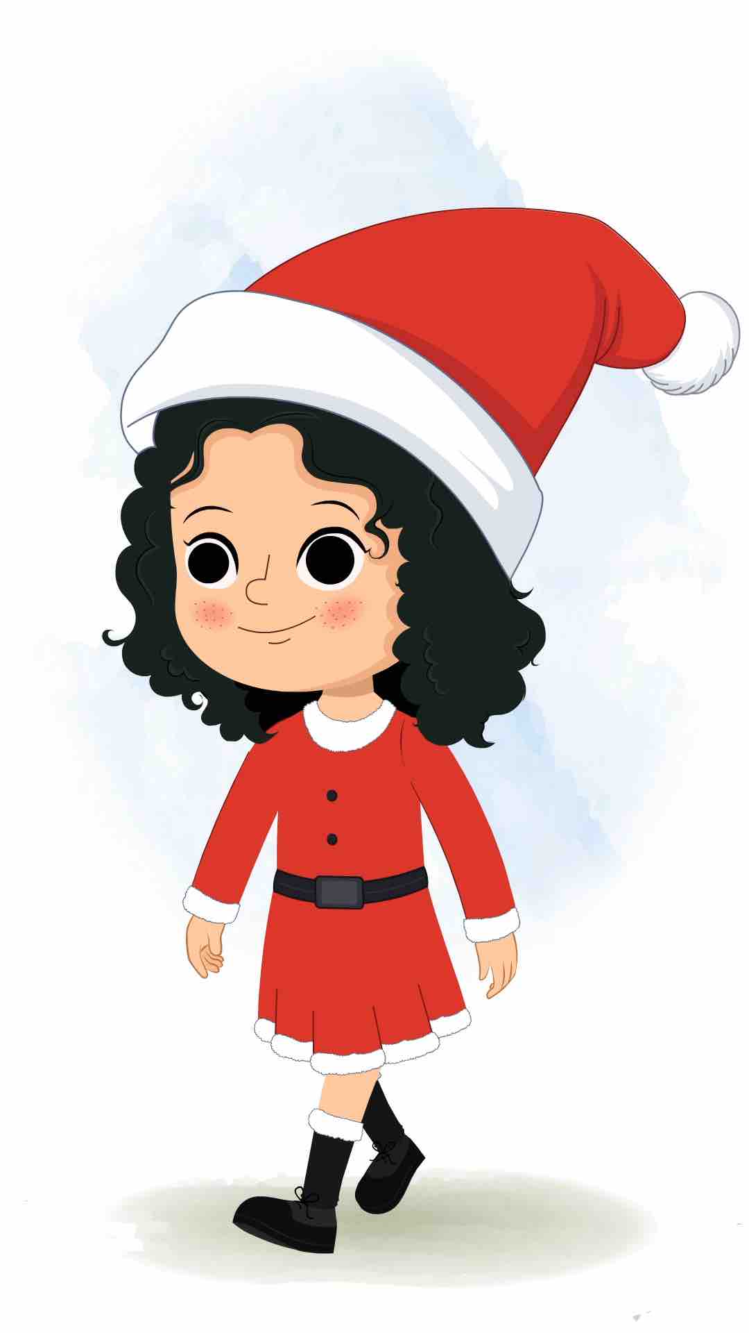 A christmas girl 3/4 front view/three quarter view walking animated cartoon character aka tina