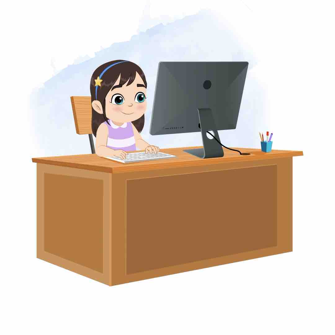 A little girl animated cartoon character working on a computer aka merry