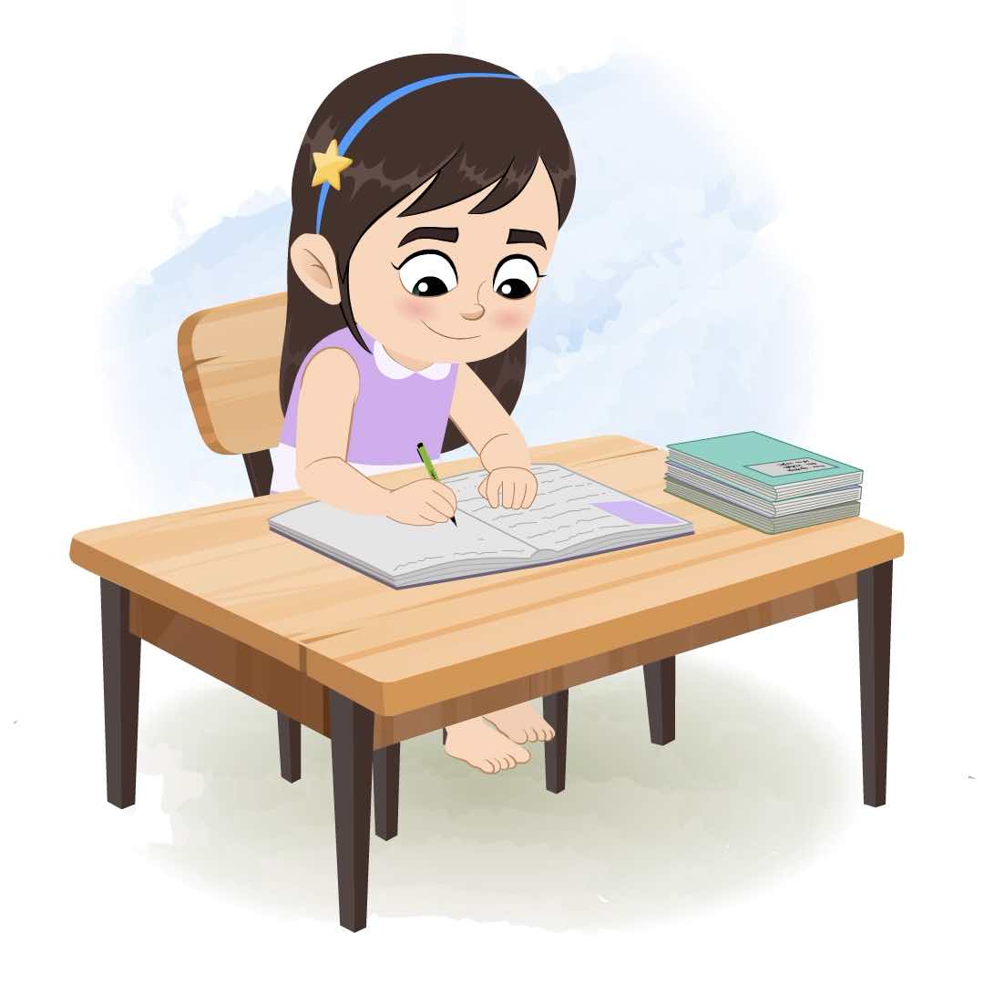 A little girl doing homework and sitting on the table animated cartoon character aka merry