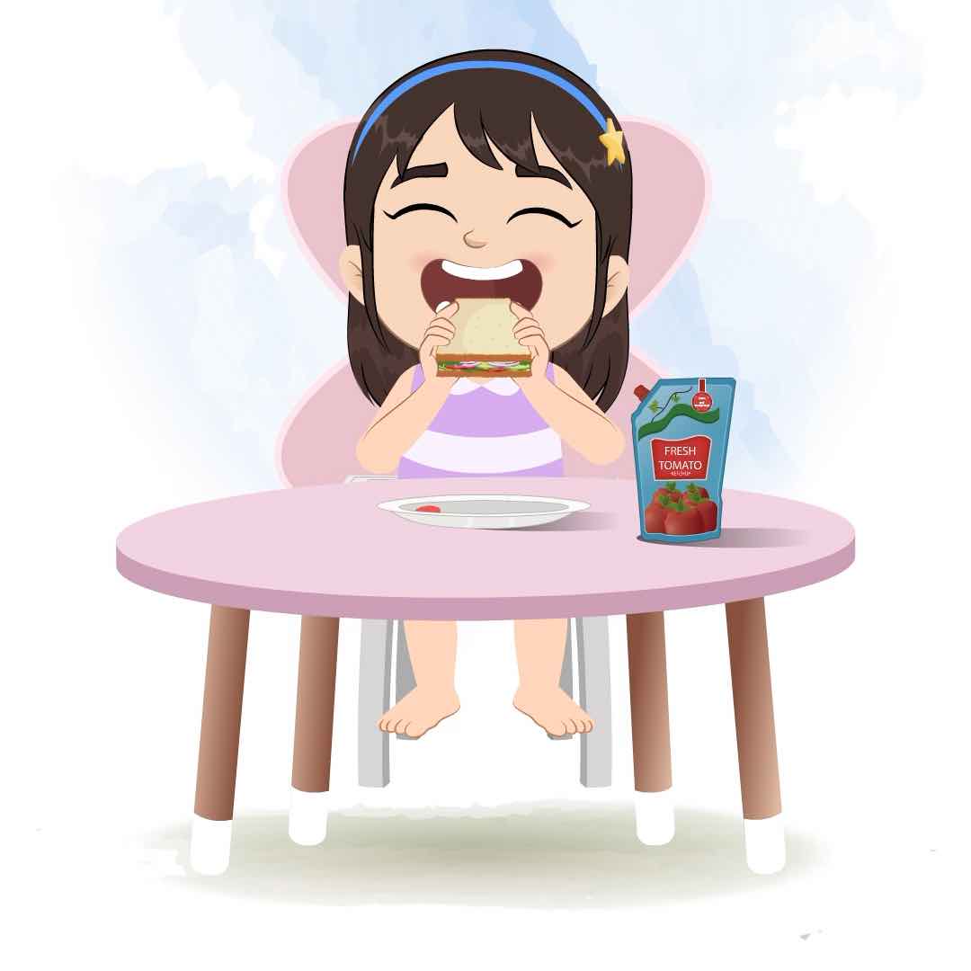 A little girl animated cartoon character sitting at a table and eating a sandwich aka merry