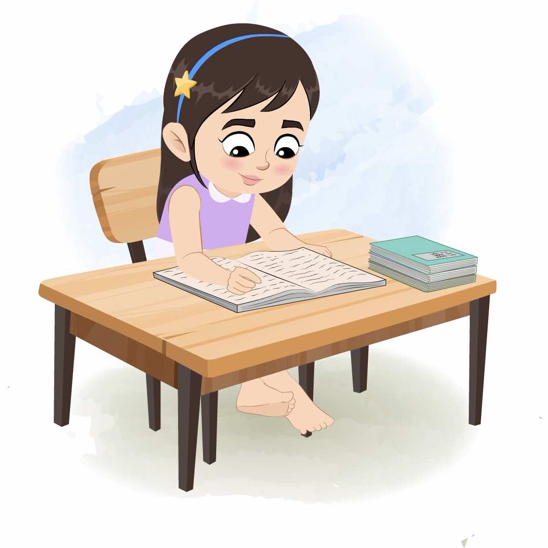 A little girl reading a book and sitting on the table animated cartoon character aka merry