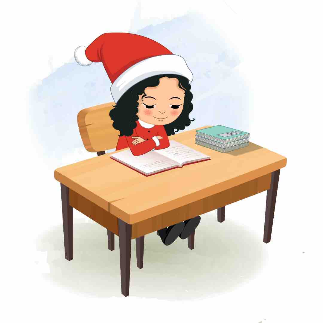 A christmas girl reading a book and sitting on the table animated cartoon character aka tina