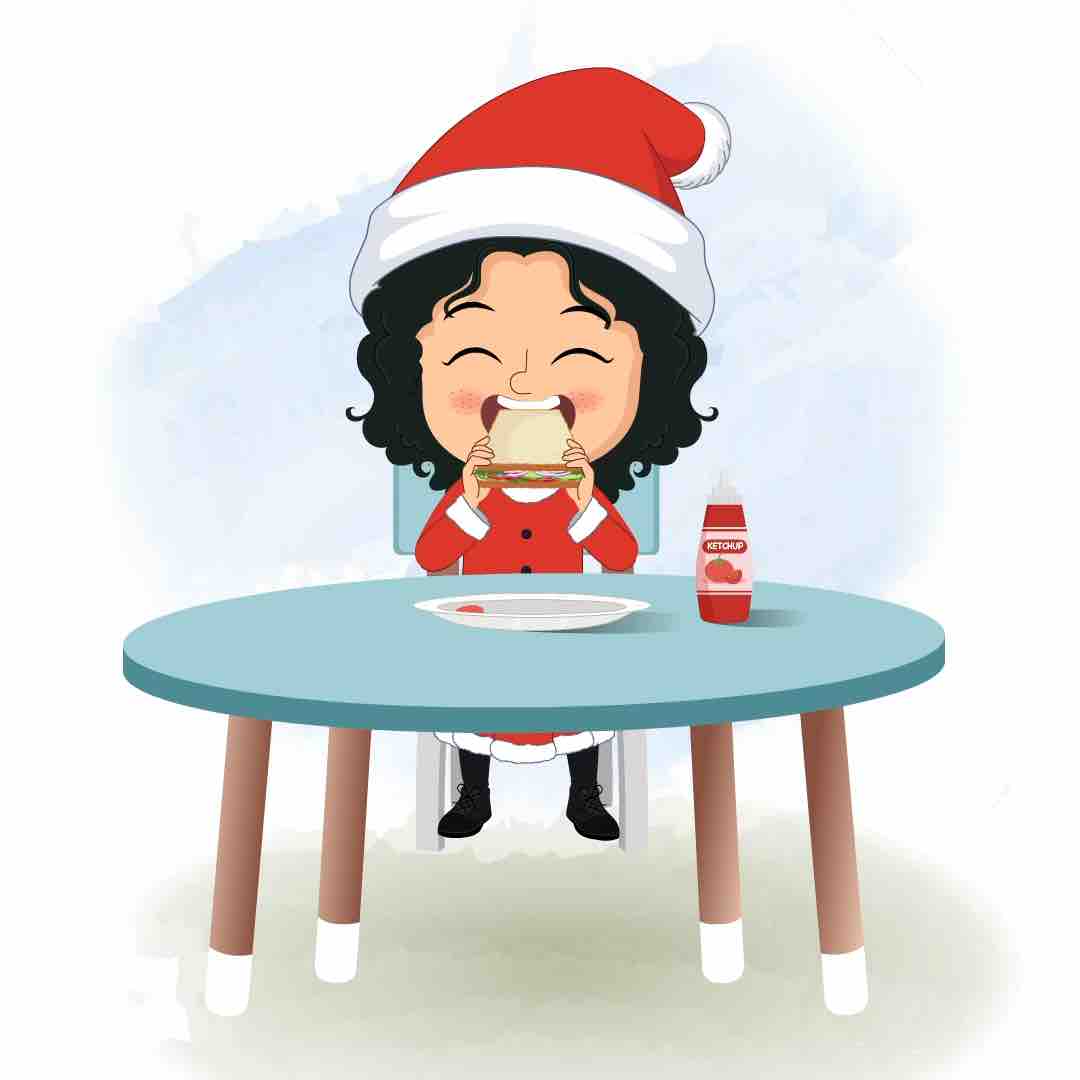 A christmas girl animated cartoon character sitting at a table and eating a sandwich aka tina