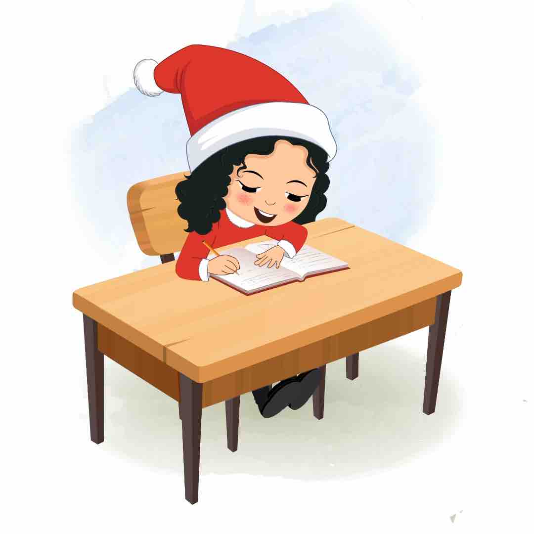 A christmas girl doing homework and sitting on the table animated cartoon character aka tina