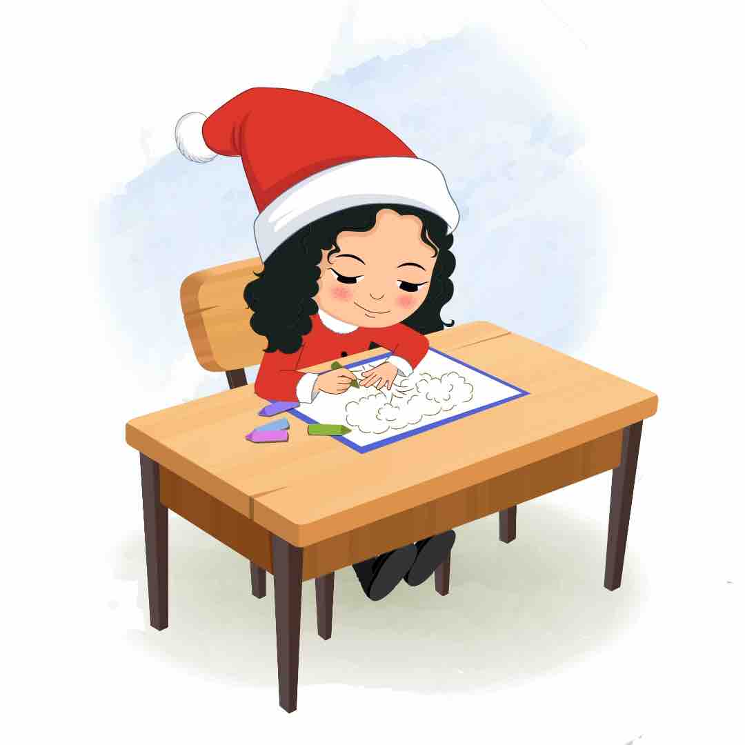 A christmas girl is sitting at a table with some crayons and coloring on the paper aka tina