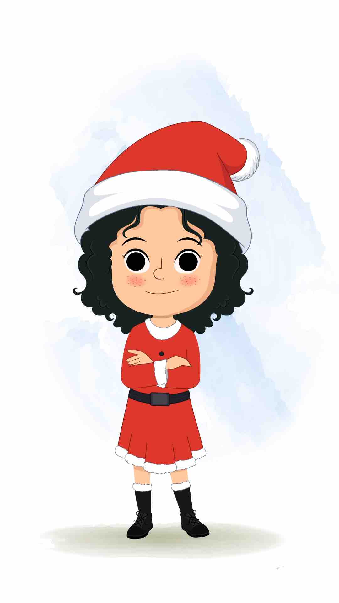 A christmas girl standing with cross hand and talking animated cartoon character aka tina