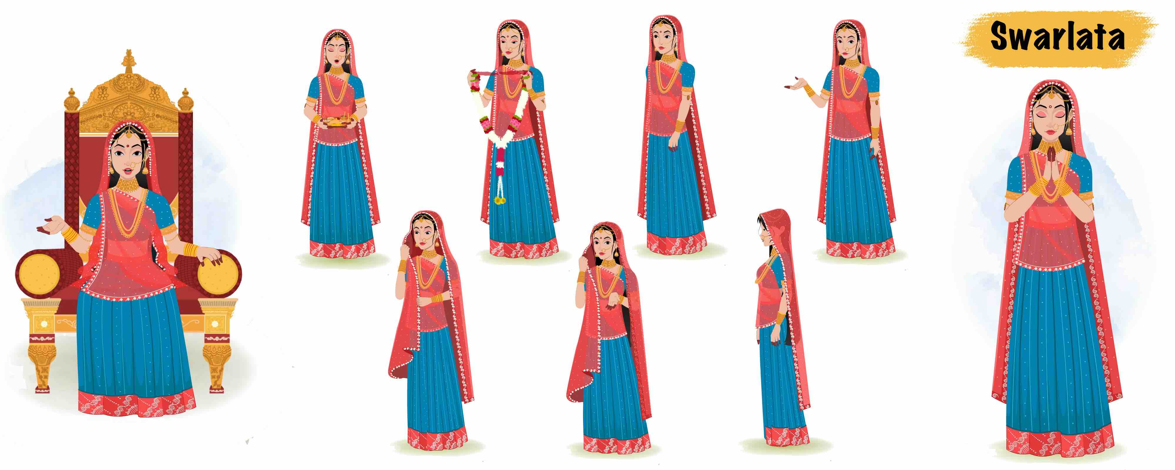 Indian queen animated vector cartoon character model sheet AKA Swarlata