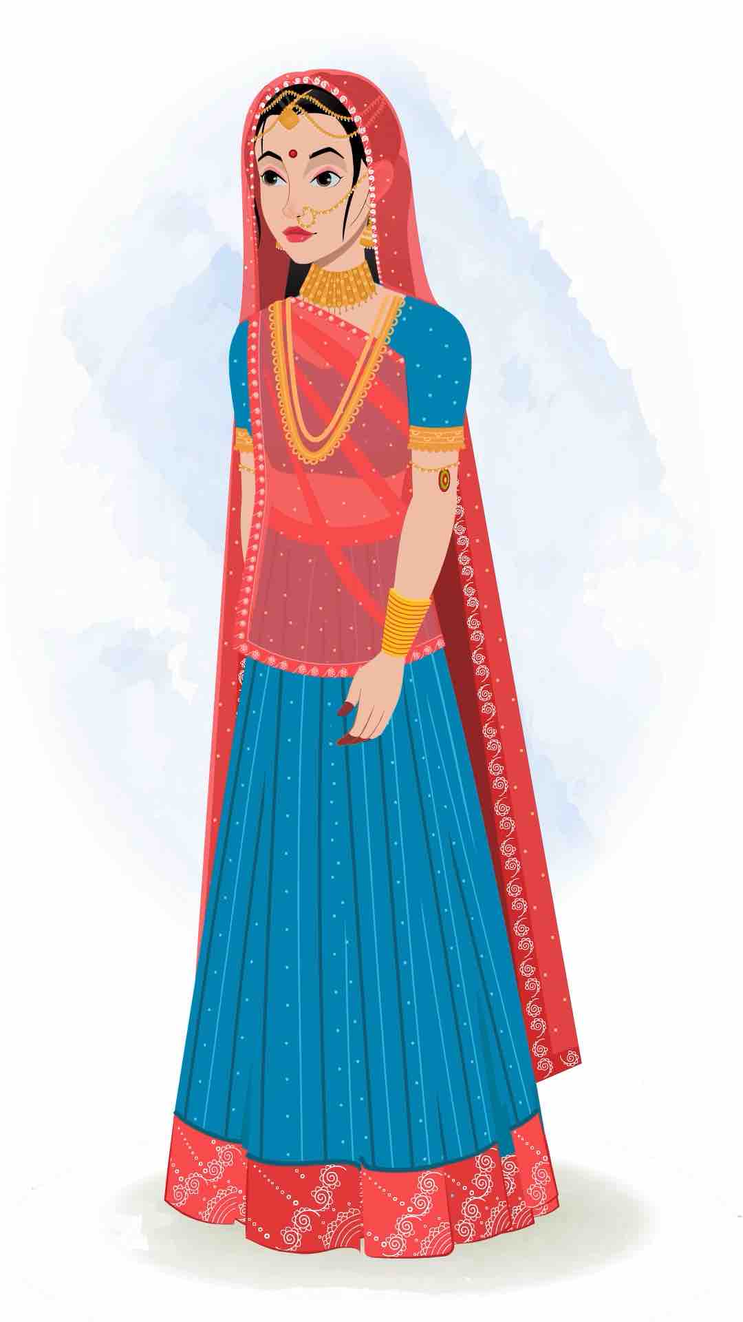 An indian queen 3/4 front view/three quarter view walking animated cartoon character aka swarlata