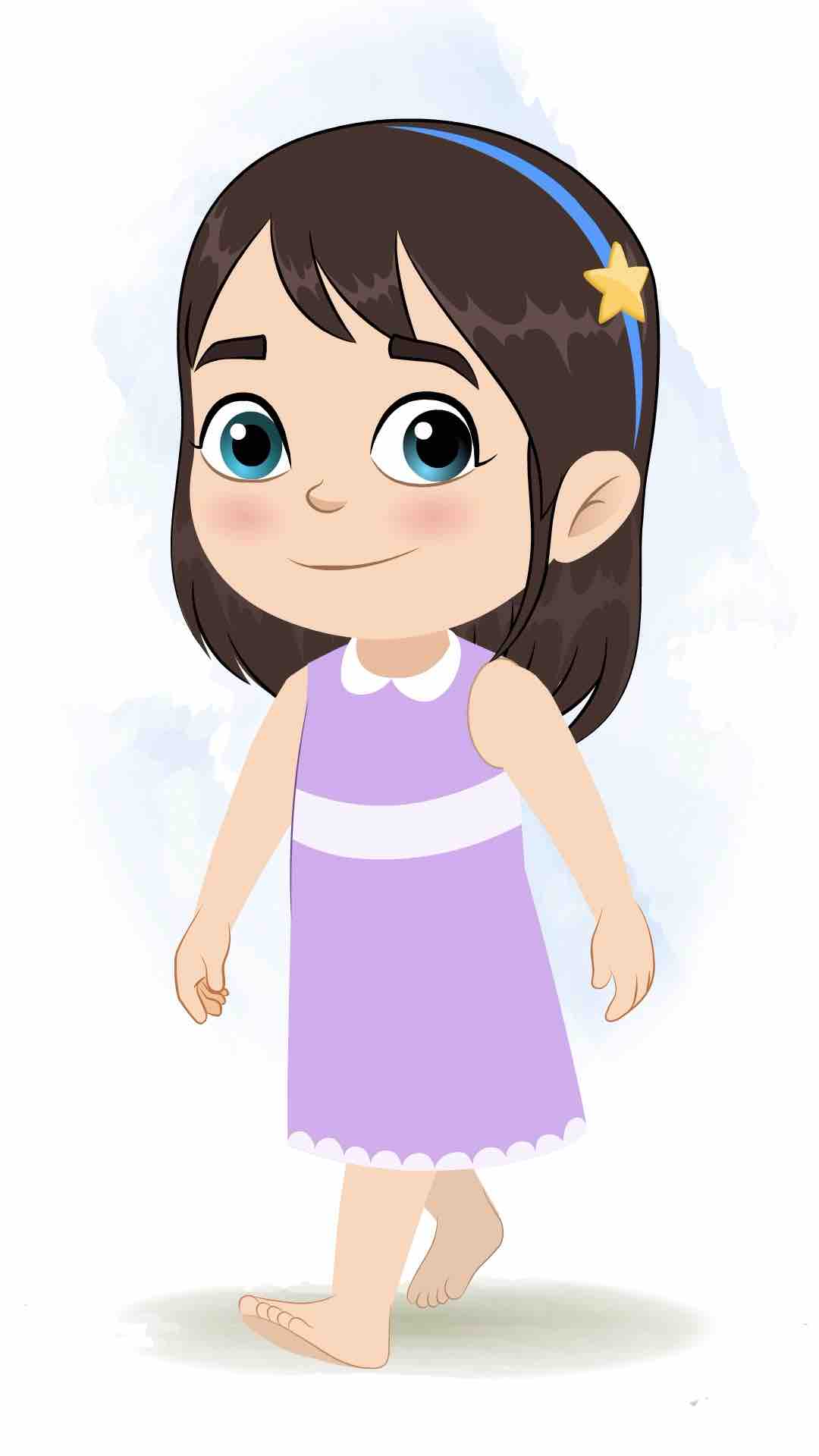 A little girl 3/4 front view/three quarter view walking animated cartoon character aka merry