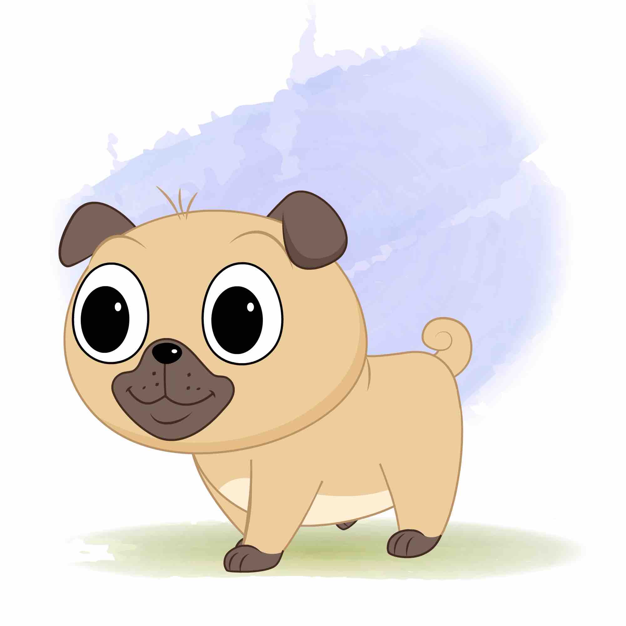 A little dog 3/4 front view/three quarter view walking animated cartoon character aka duffy the dog