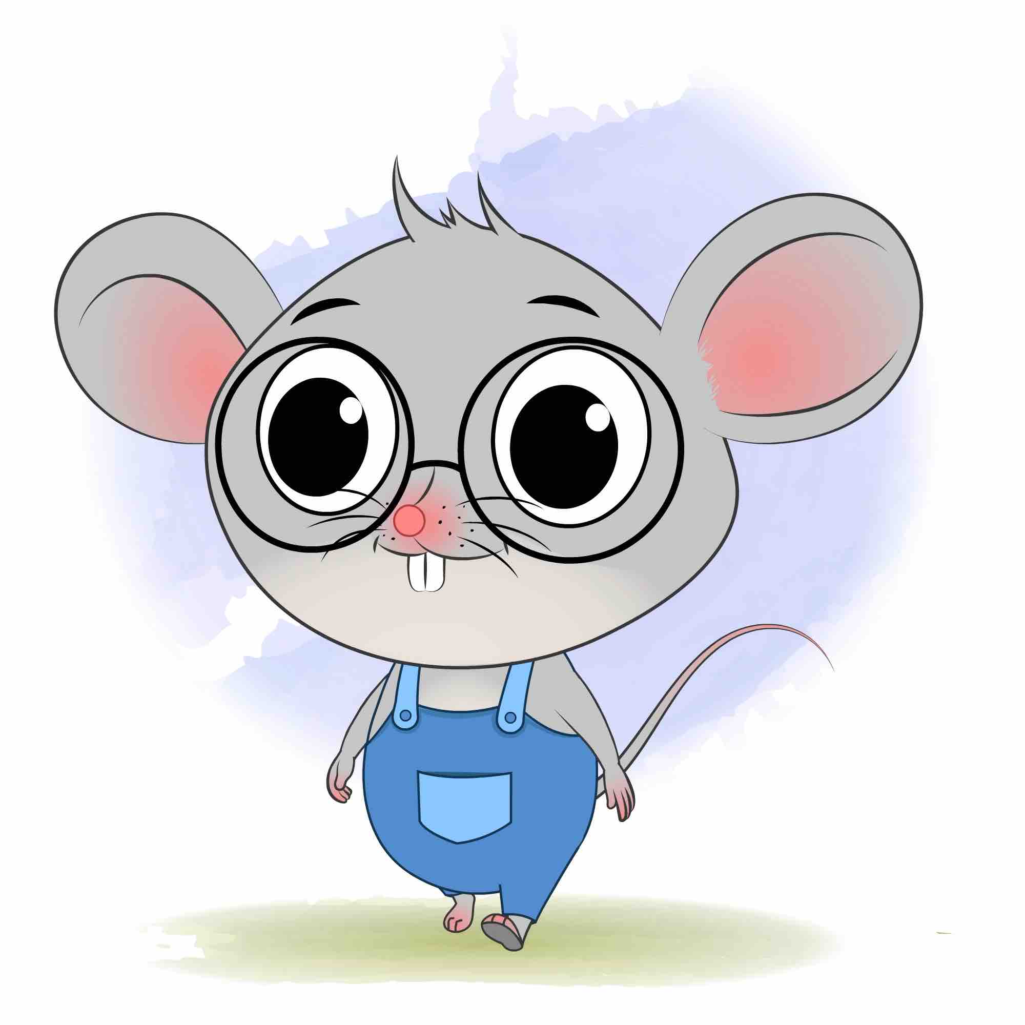 A cute mouse 3/4 front view/three quarter view walking animated cartoon character aka miles the mouse