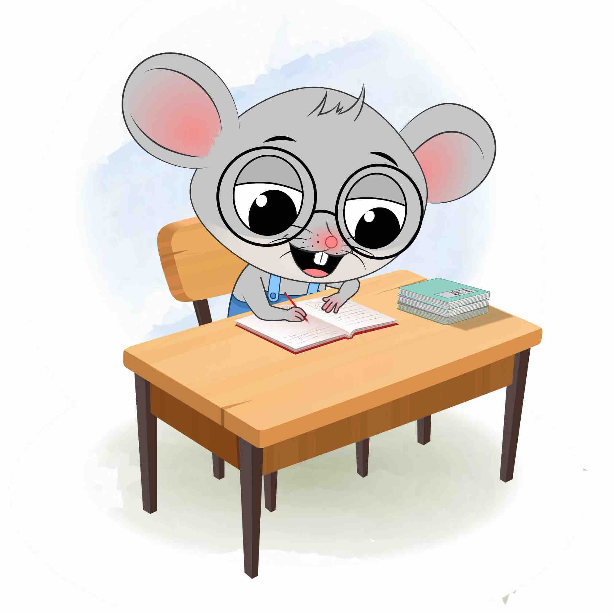 A cute mouse doing homework and sitting on the table animated cartoon character aka miles the mouse