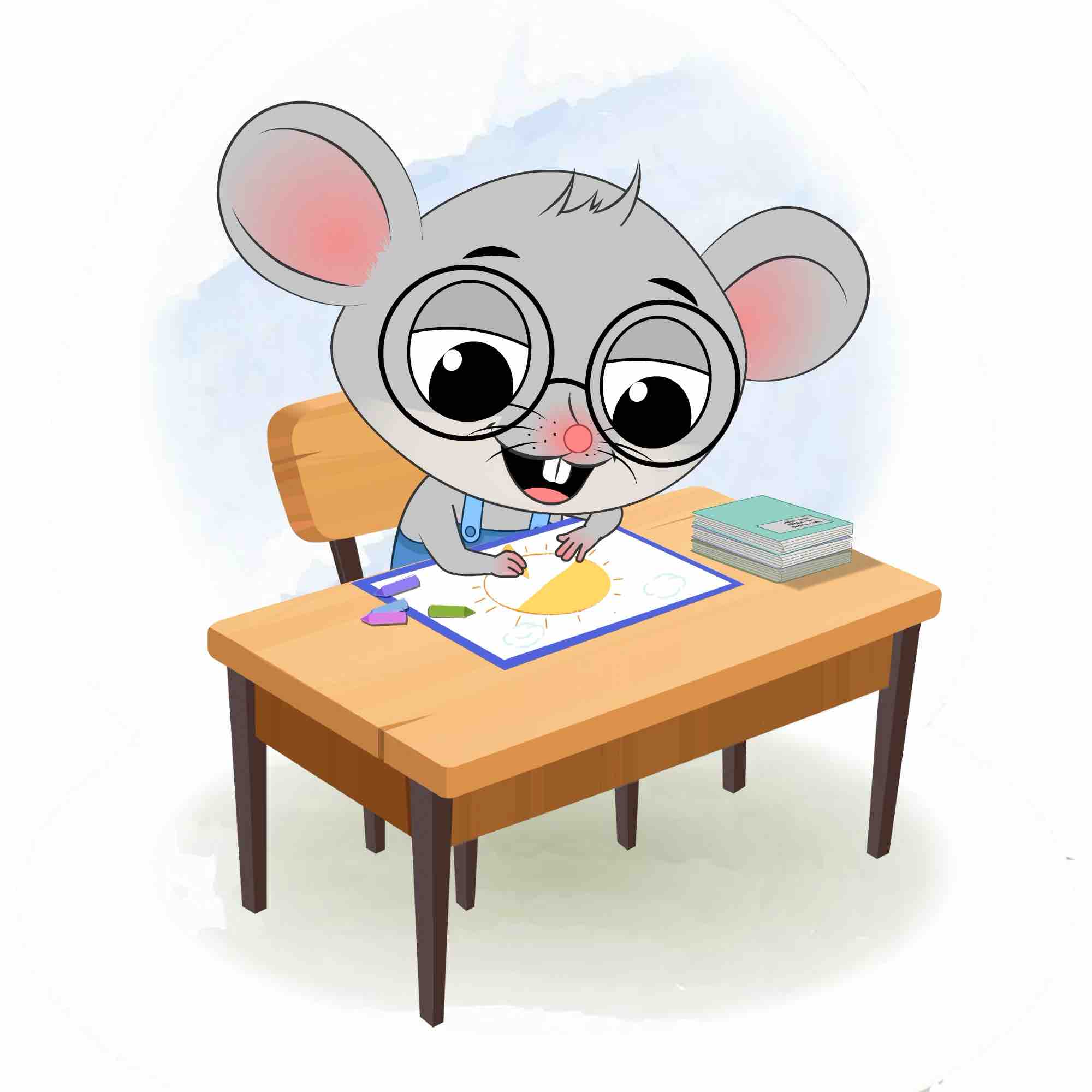 A cute mouse is sitting at a table with some crayons and colouring on the paper aka miles the mouse