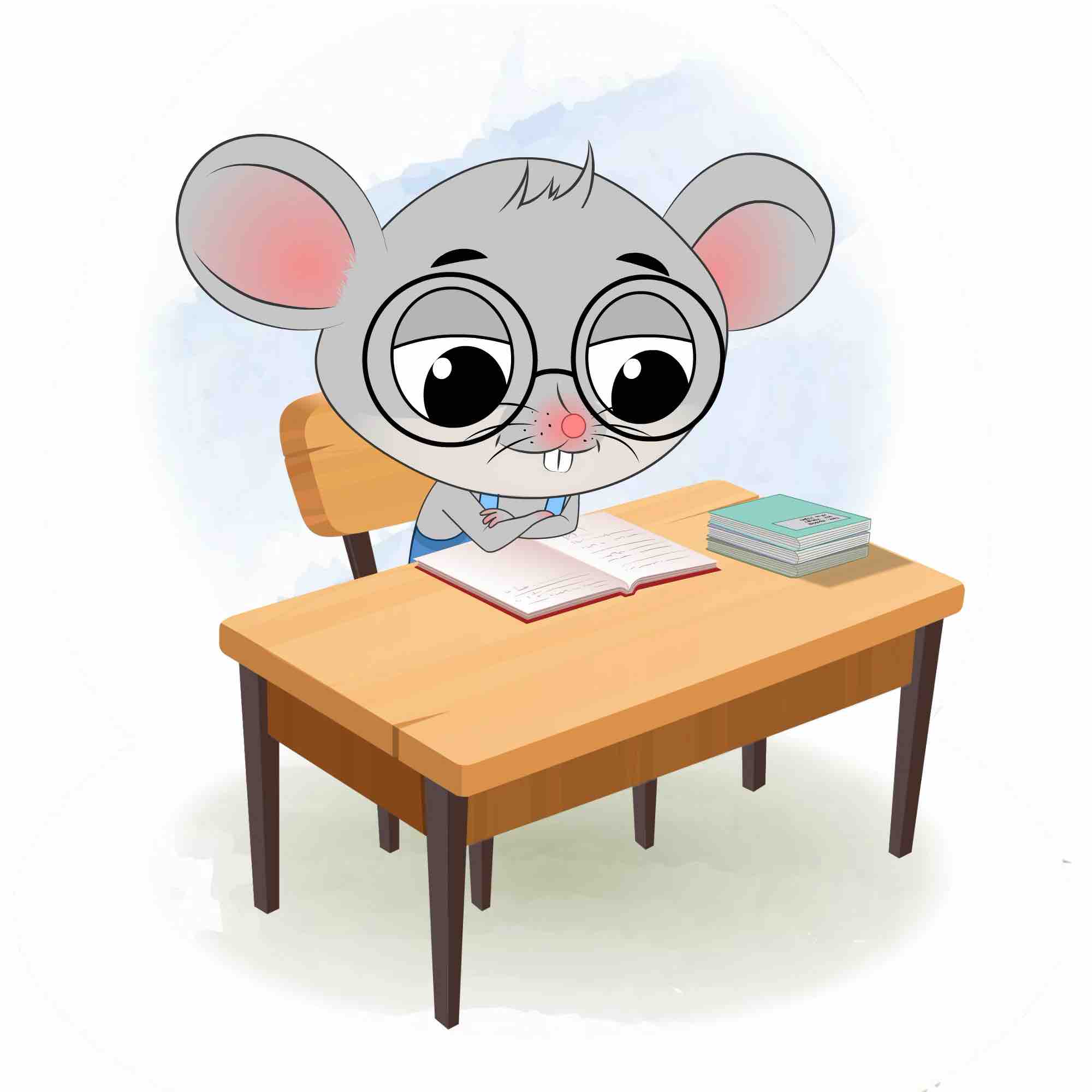 A cute mouse reading a book and sitting on the table animated cartoon character aka miles the mouse