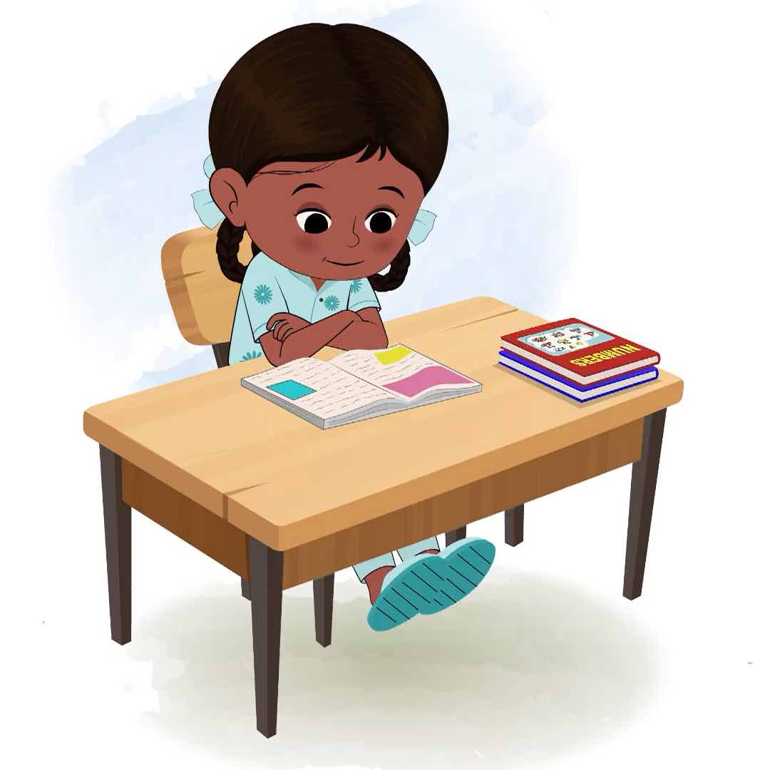 A little Indian girl reading a book and sitting on the table animated cartoon character aka kaya