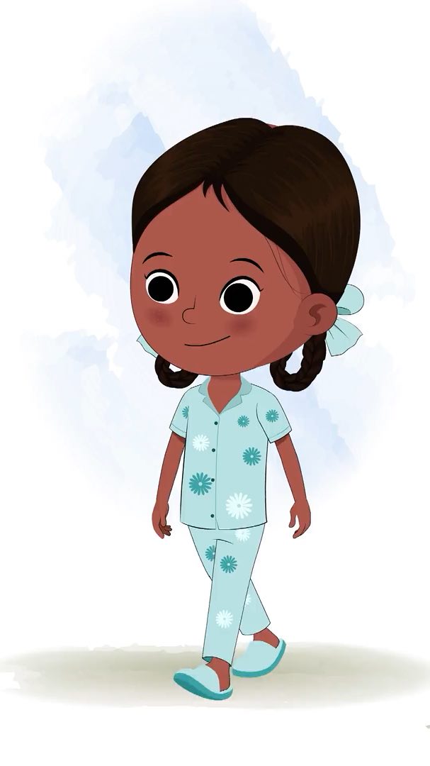 A little Indian girl 3/4 front view/three quarter view walking animated cartoon character aka kaya