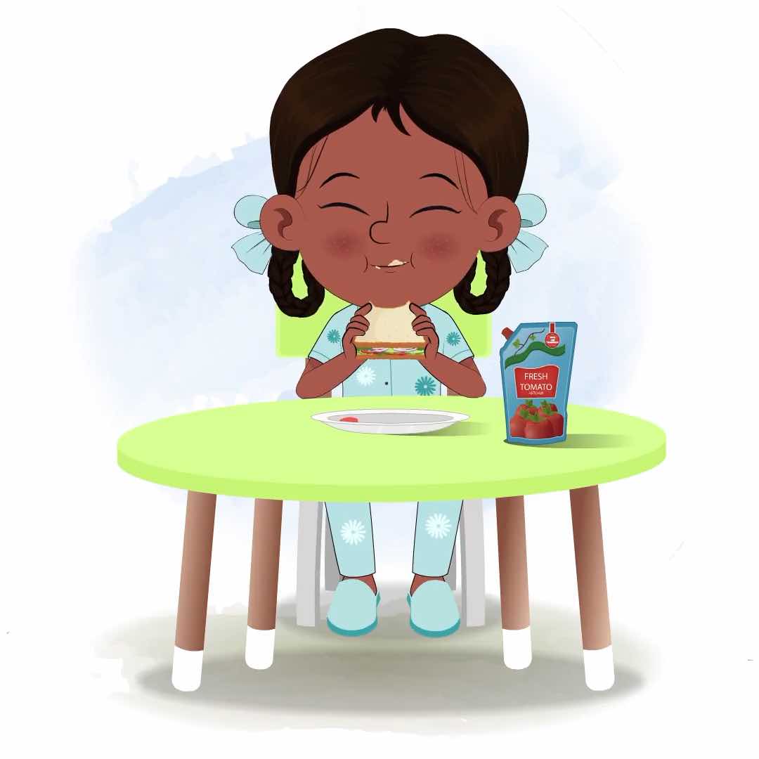 A little Indian girl animated cartoon character sitting at a table and eating a sandwich aka kaya