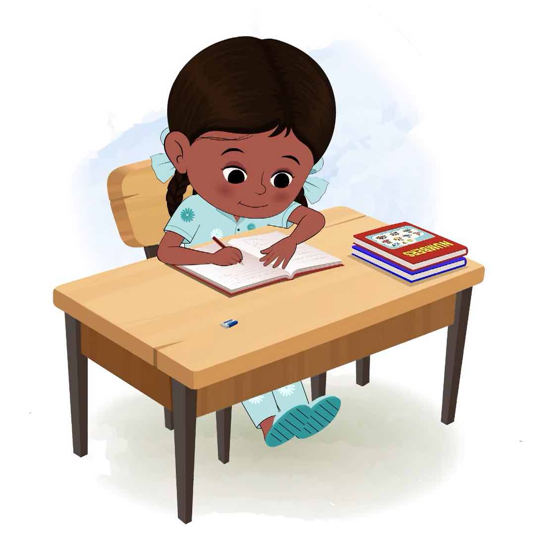 A little Indian girl doing homework and sitting on the table animated cartoon character aka kaya