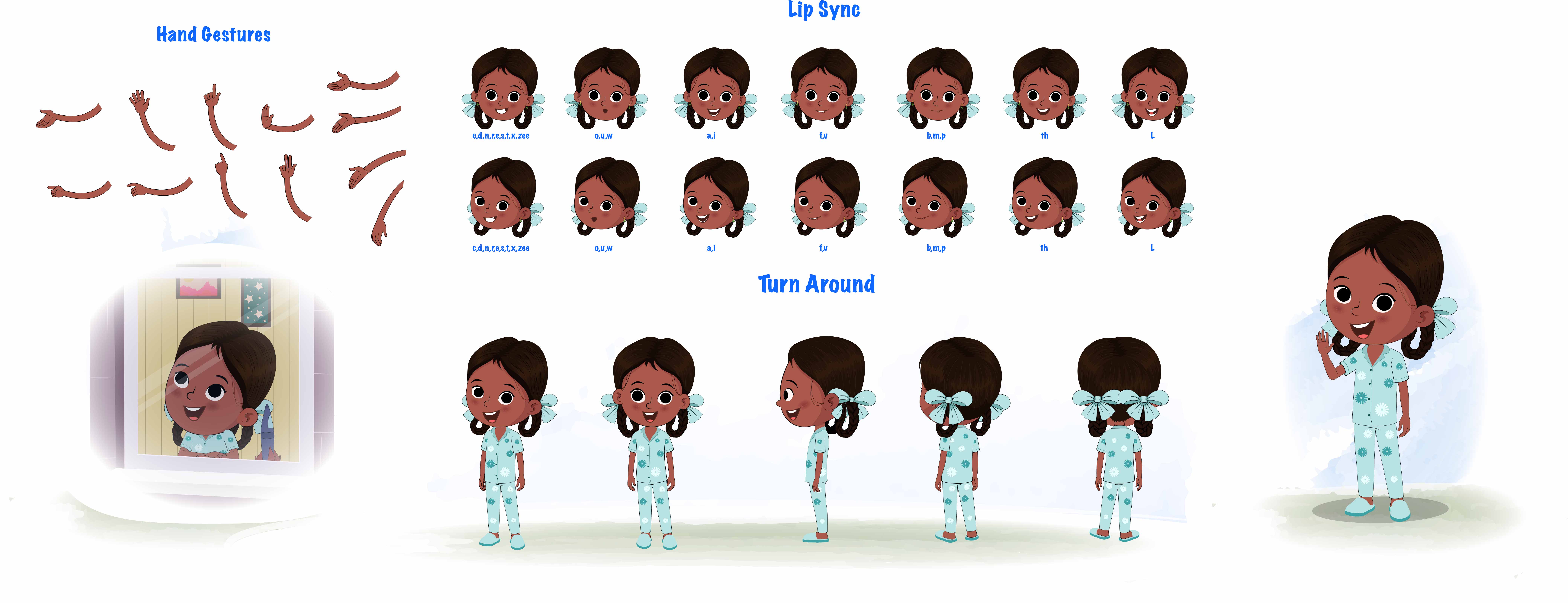 A little Indian girl cartoon character construction/model sheet aka kaya