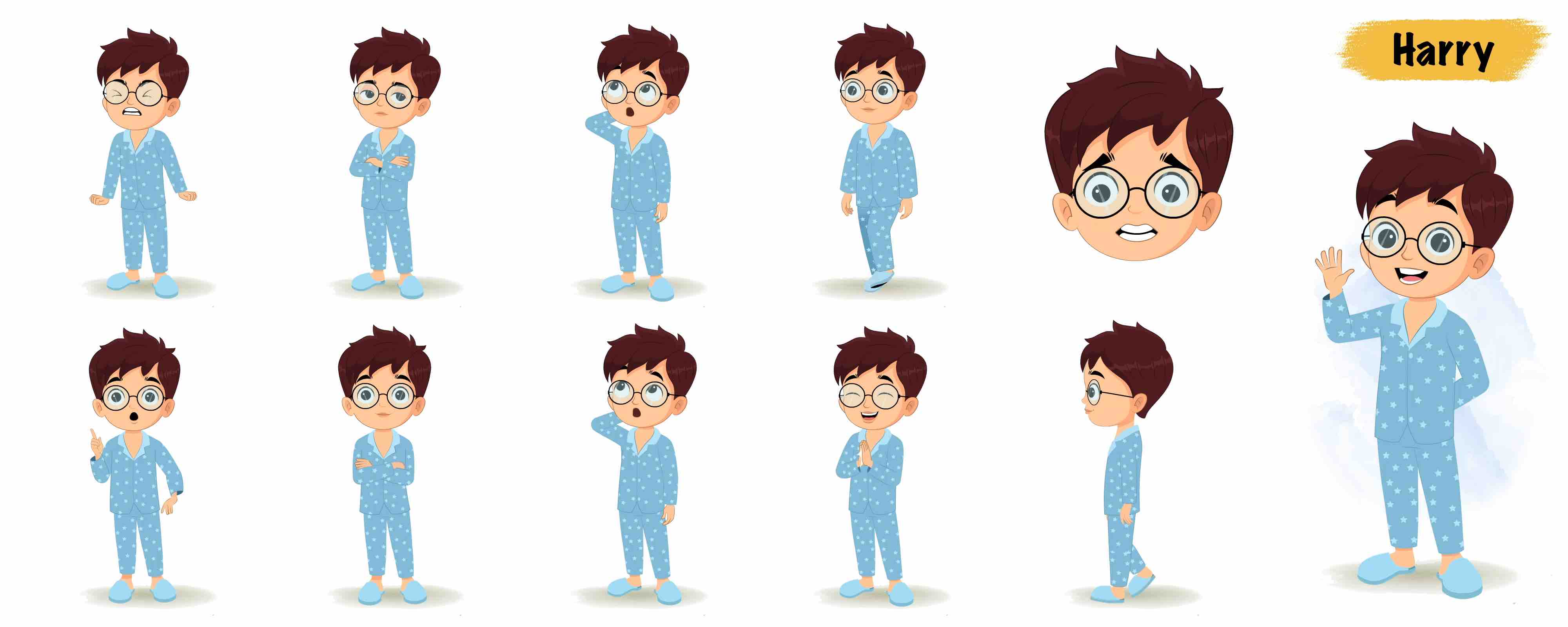 Boy in night dress animated vector cartoon character model sheet AKA Harry