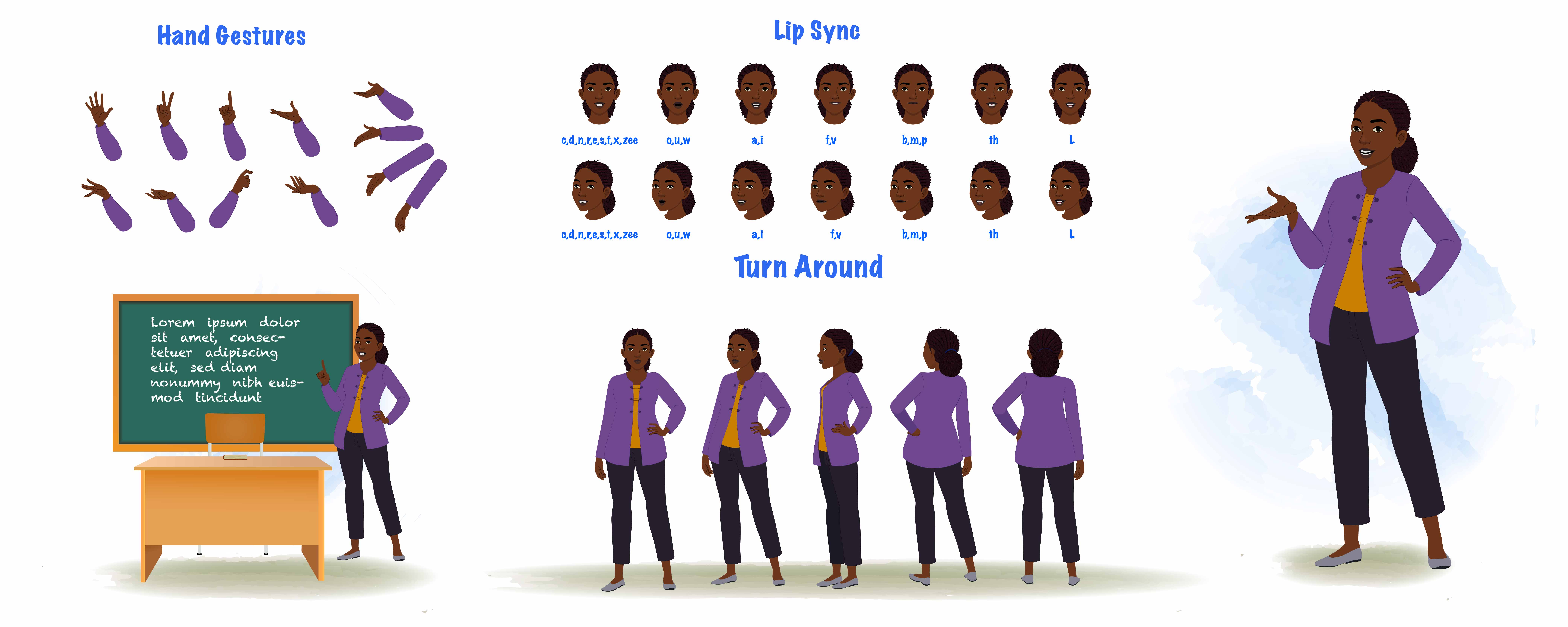 A black female teacher cartoon character construction/model sheet aka miss luna