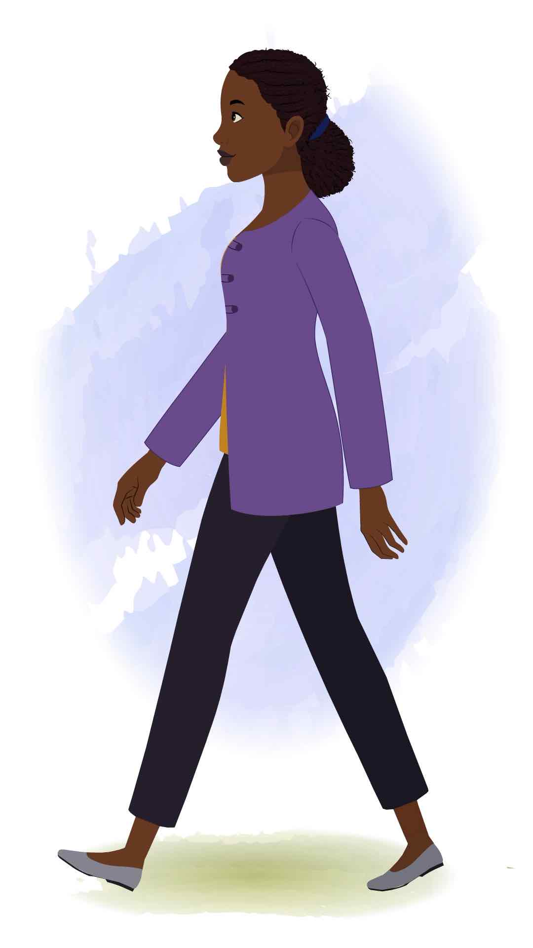 A black female teacher walking side view animated cartoon character aka miss luna