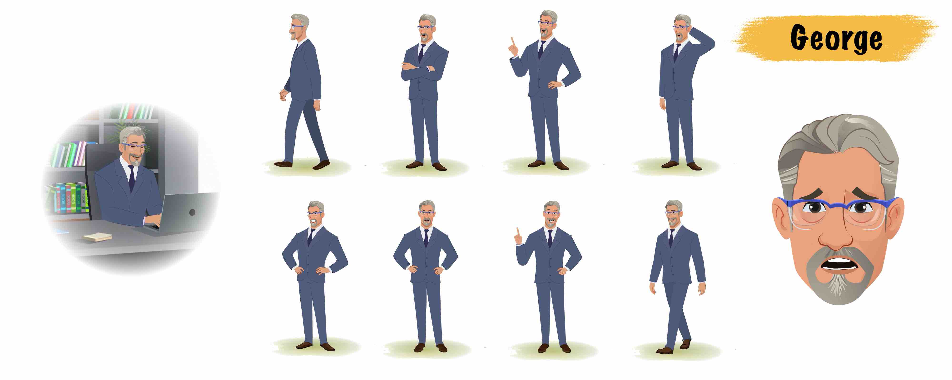 Businessman animated vector cartoon character model sheet AKA George