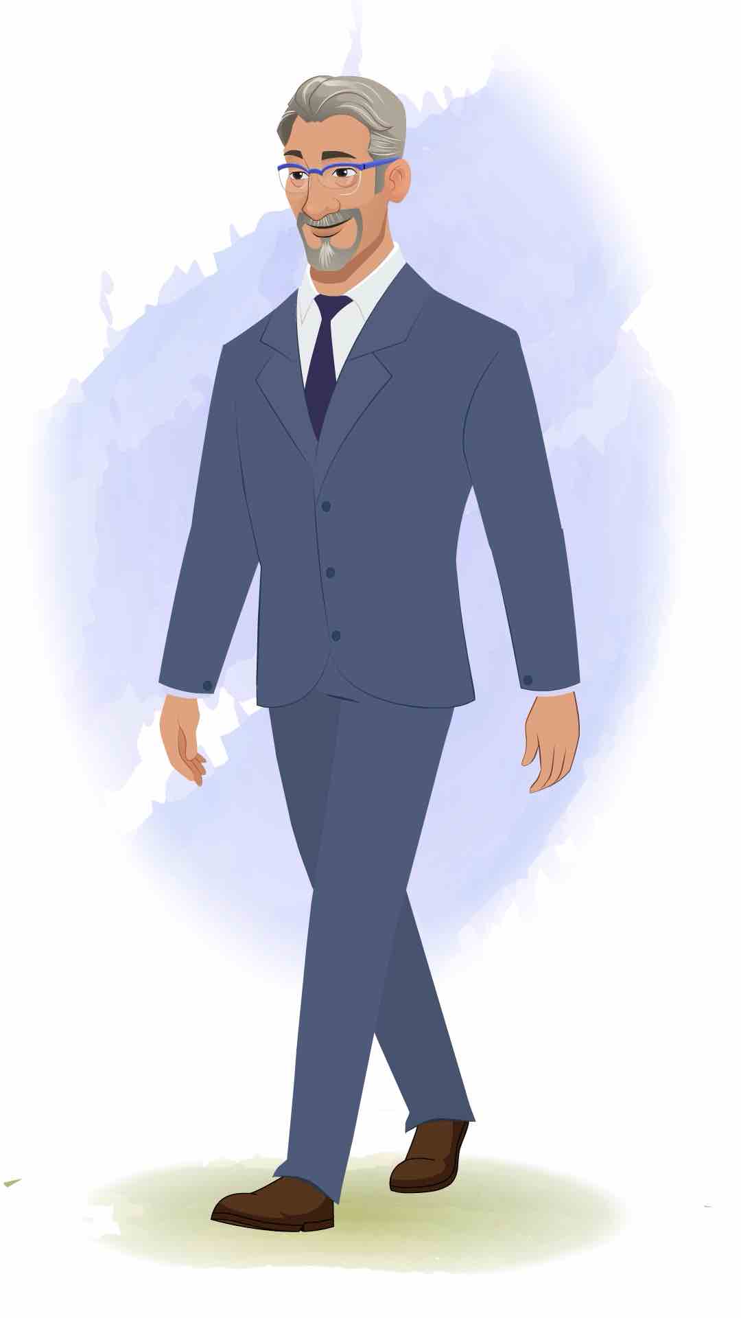 A businessman 3/4 front view/three quarter view walking animated cartoon character AKA George