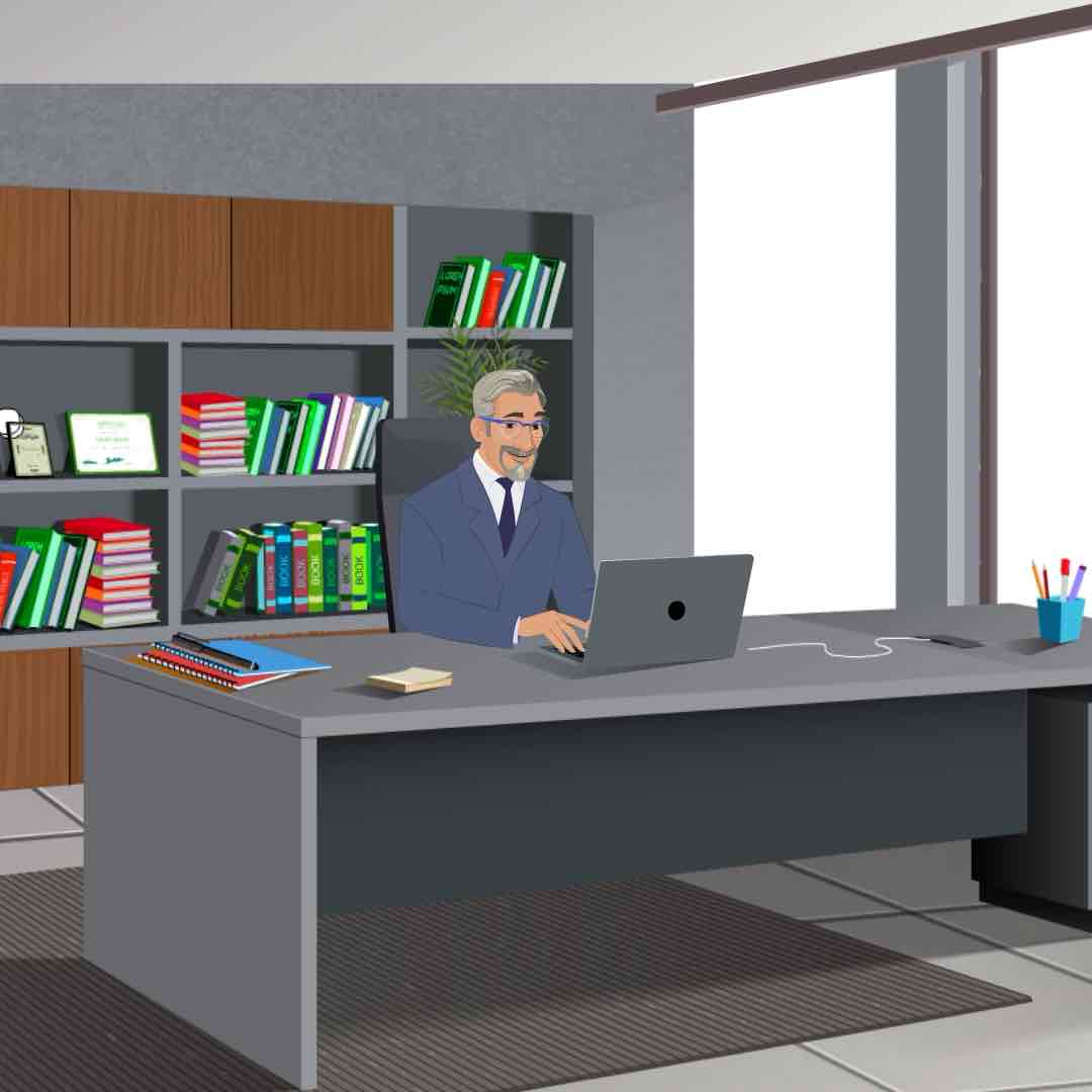 A businessman animated cartoon character working on a computer AKA George