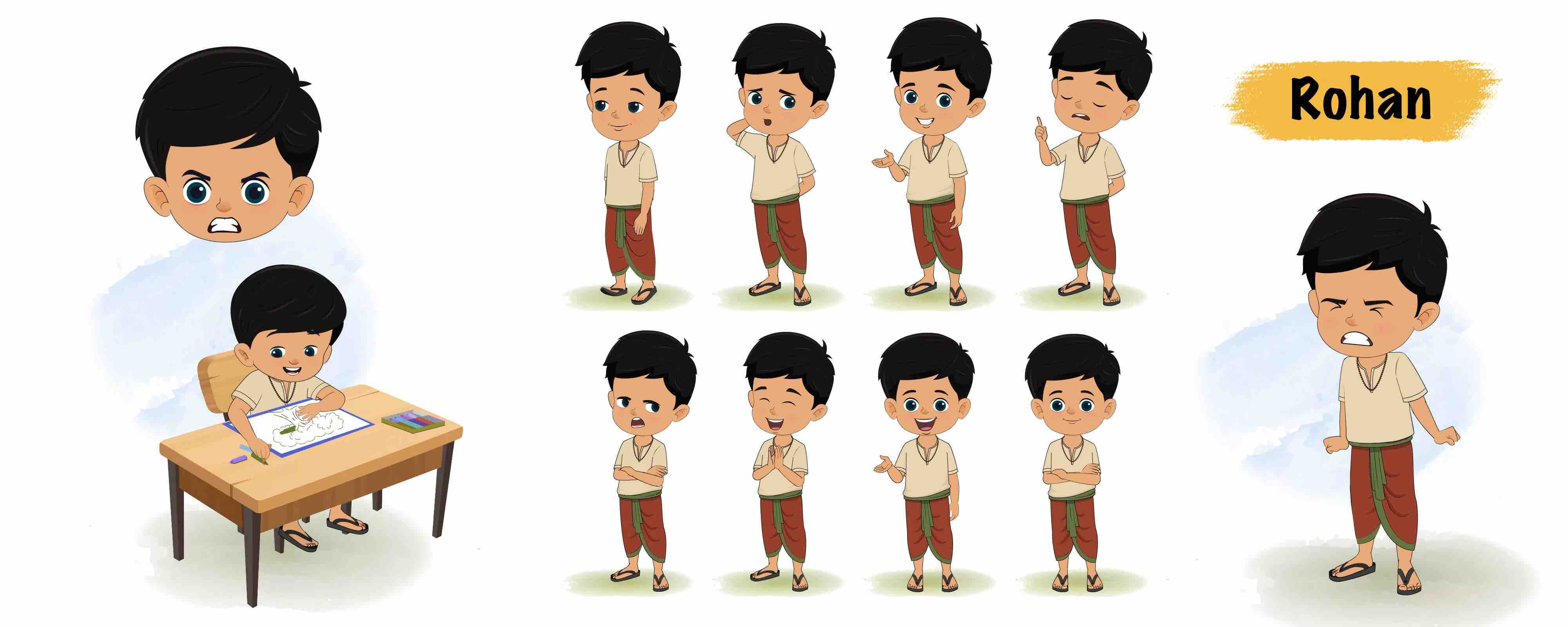 Indian boy in dhoti animated vector cartoon character model sheet AKA Rohan