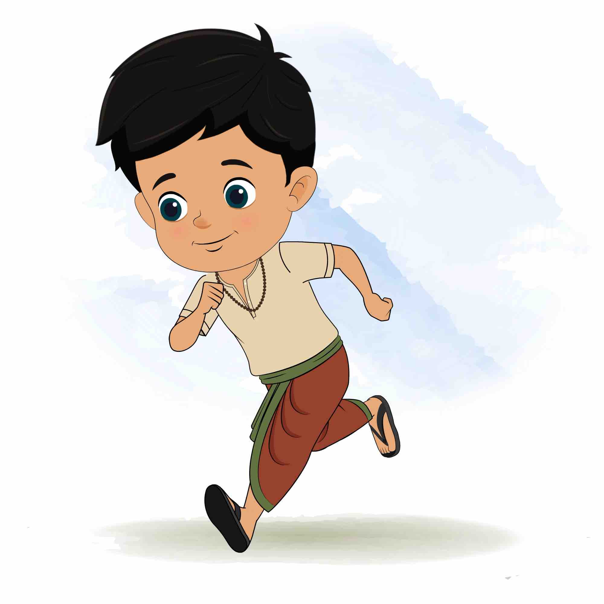 A boy in dhoti running three quarter view animated cartoon character. A 3/4 three quater view running cartoon aka rohan