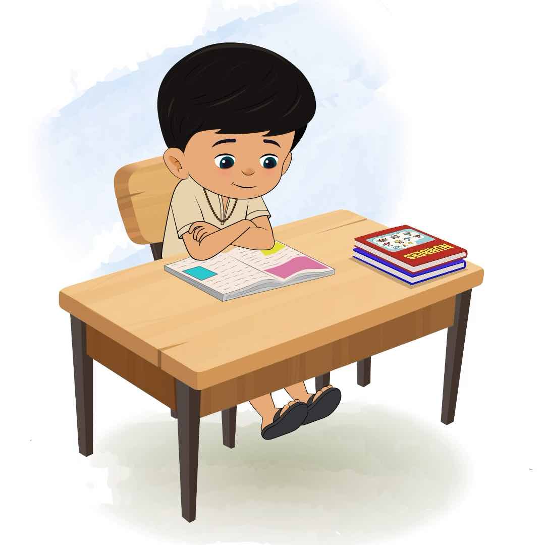 A boy in dhoti reading a book and sitting on the table animated cartoon character aka rohan