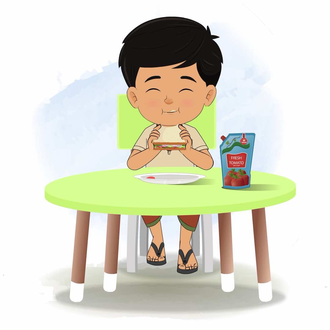 A boy in dhoti animated cartoon character sitting at a table and eating a sandwich aka rohan