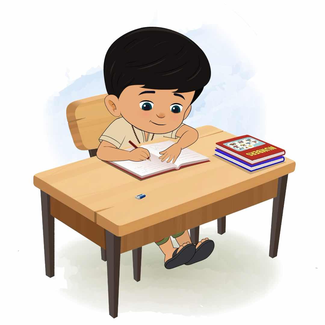 A boy in dhoti doing homework and sitting on the table animated cartoon character aka rohan