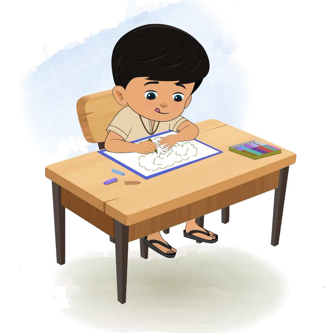 A boy in dhoti is sitting at a table with some crayons and colouring on the paper aka rohan,