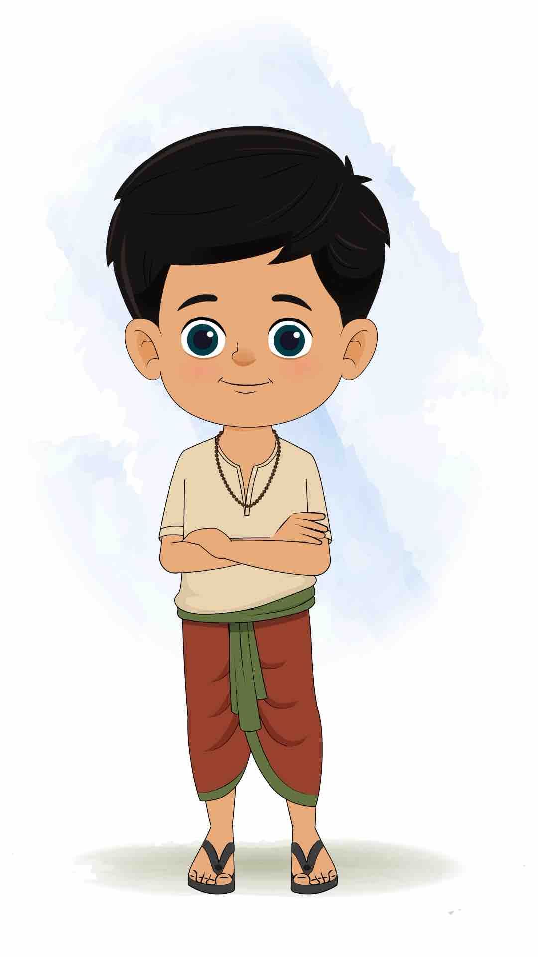 A boy in dhoti standing with cross hand and talking animated cartoon character aka rohan