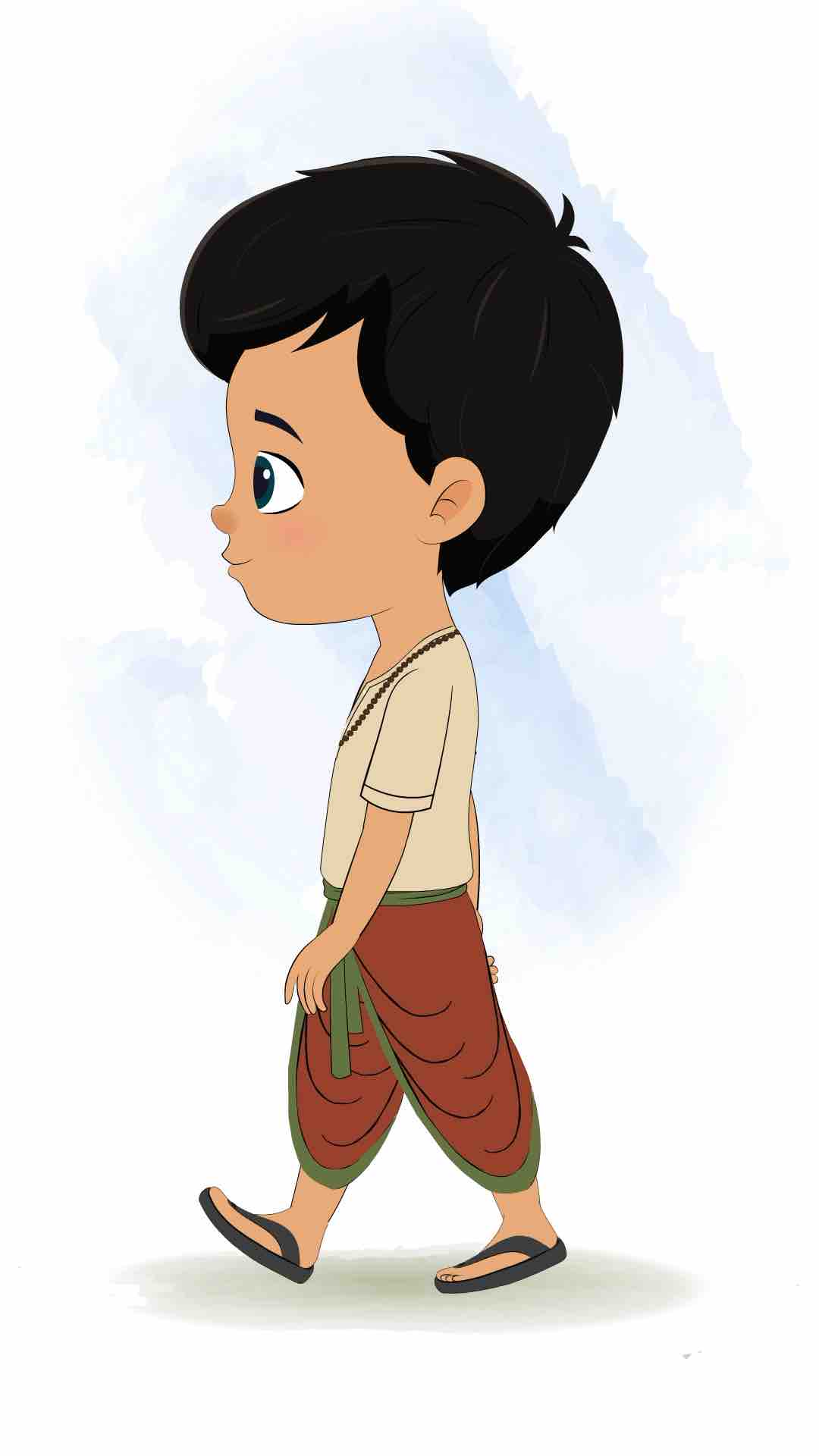 A boy in dhoti walking side view animated cartoon character aka rohan