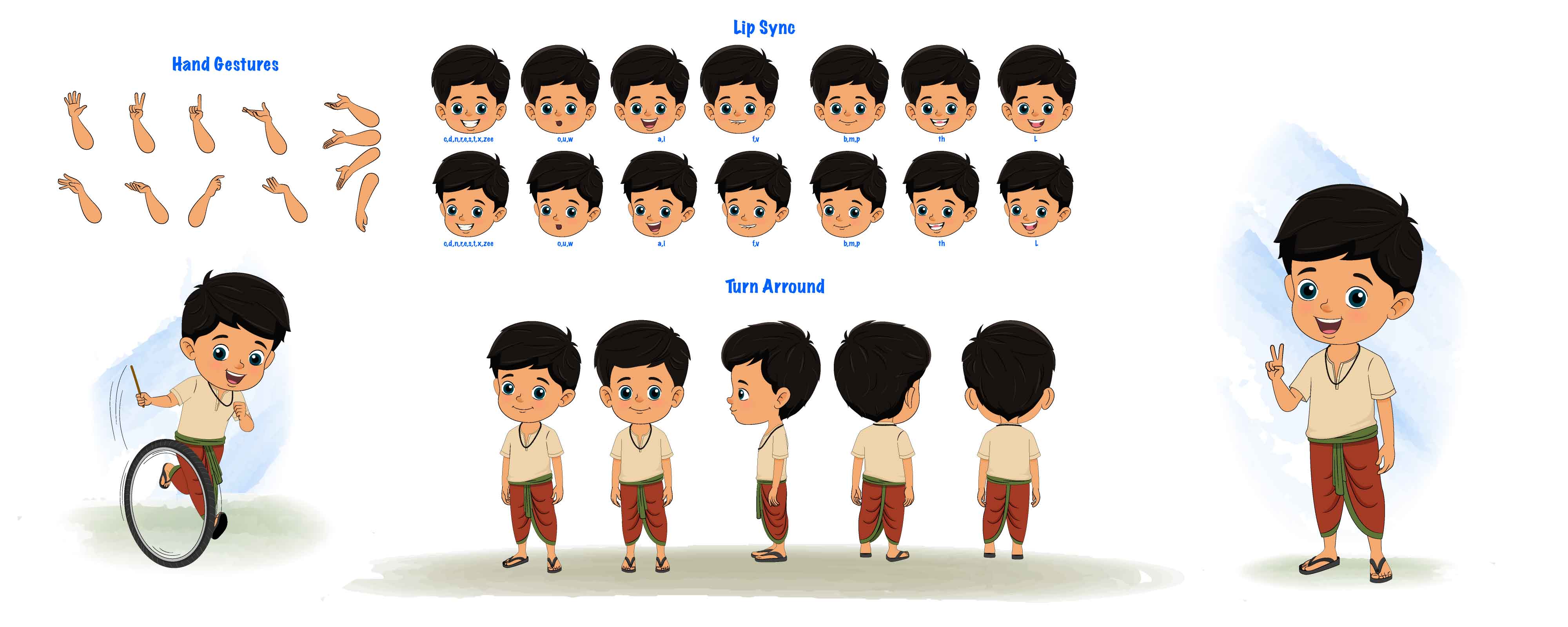 A boy in dhoti cartoon character construction/model sheet aka rohan