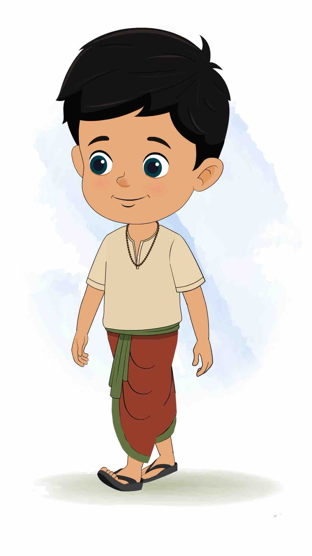 A boy in dhoti 3/4 front view/three quarter view walking animated cartoon character aka rohan