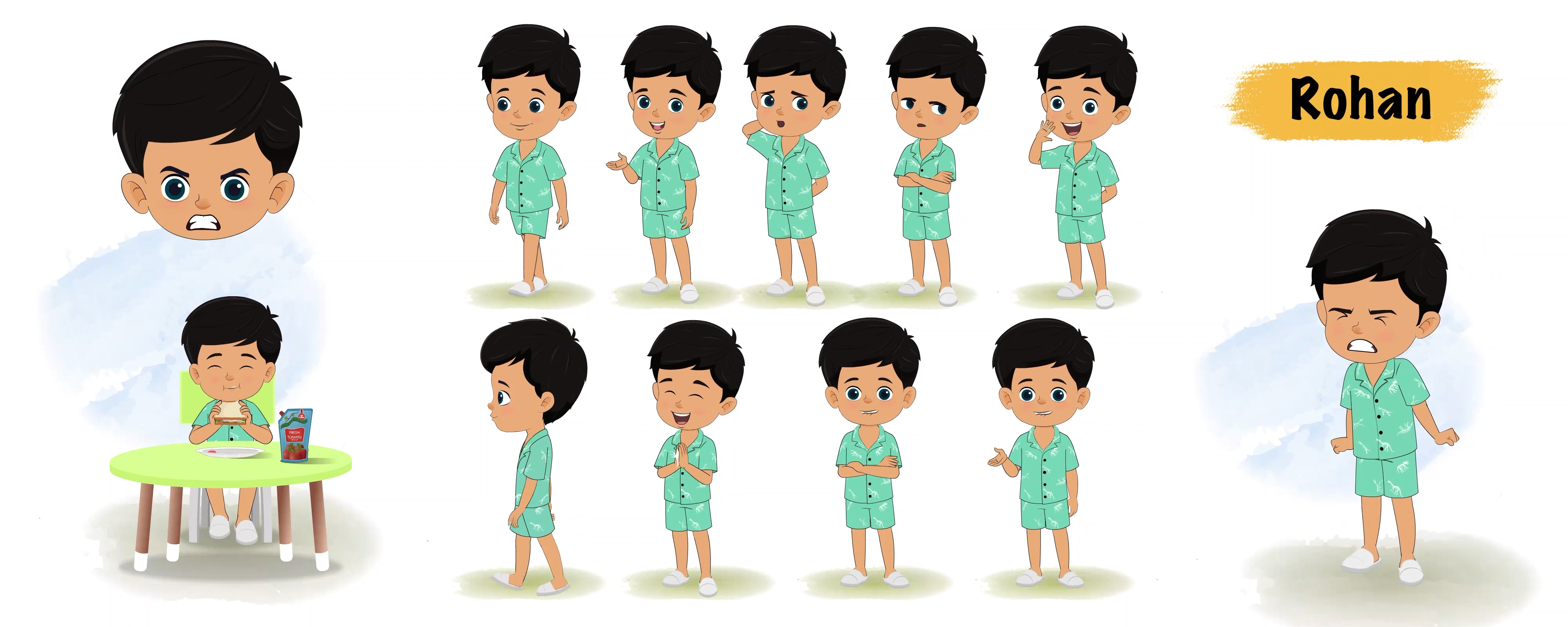 Cute little Indian boy animated vector cartoon character model sheet AKA Rohan