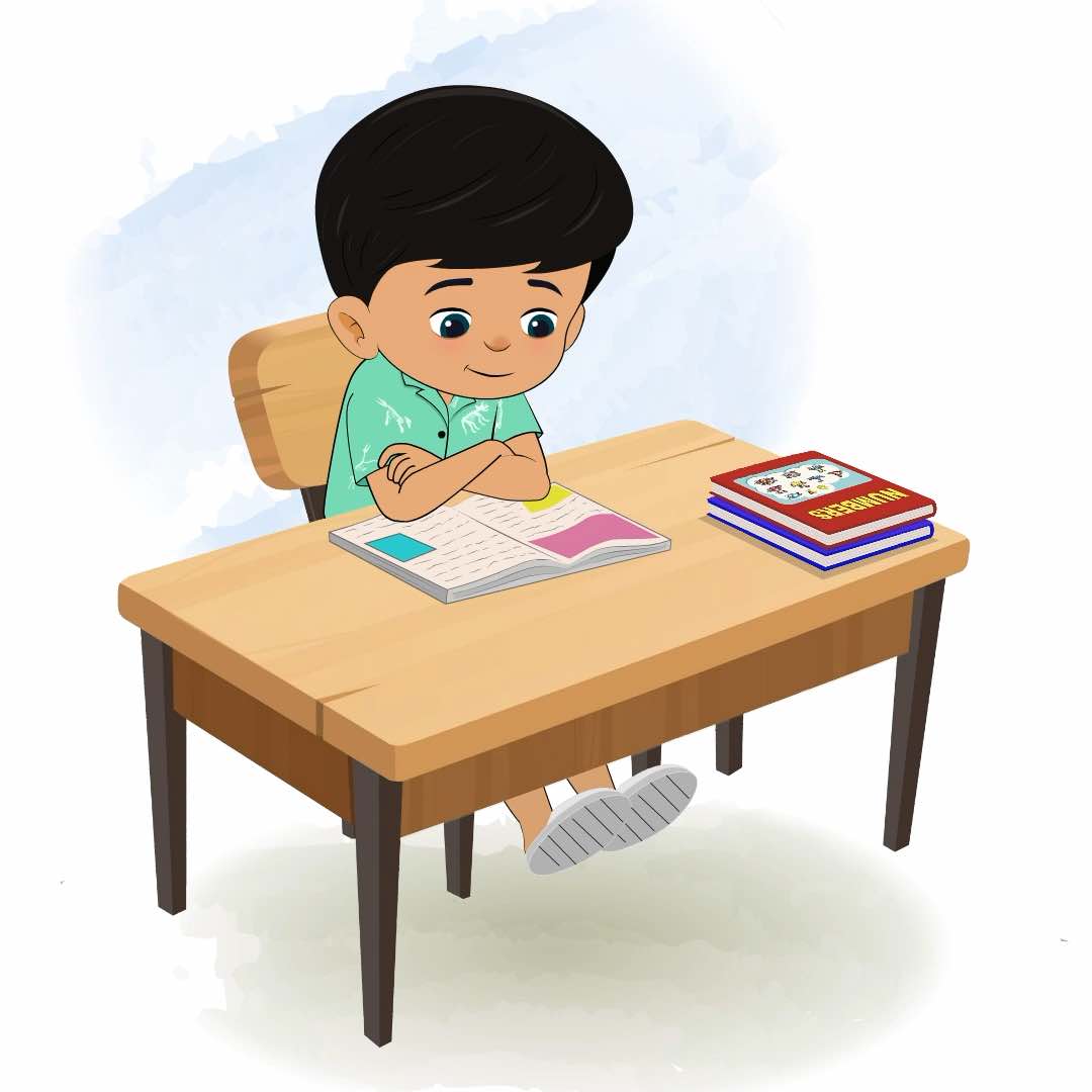 A cute little boy reading a book and sitting on the table animated cartoon character aka rohan