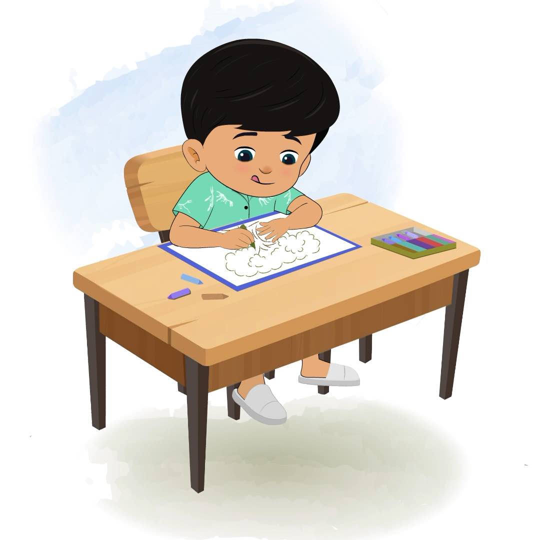 A cute little boy is sitting at a table with some crayons and colouring on the paper aka rohan