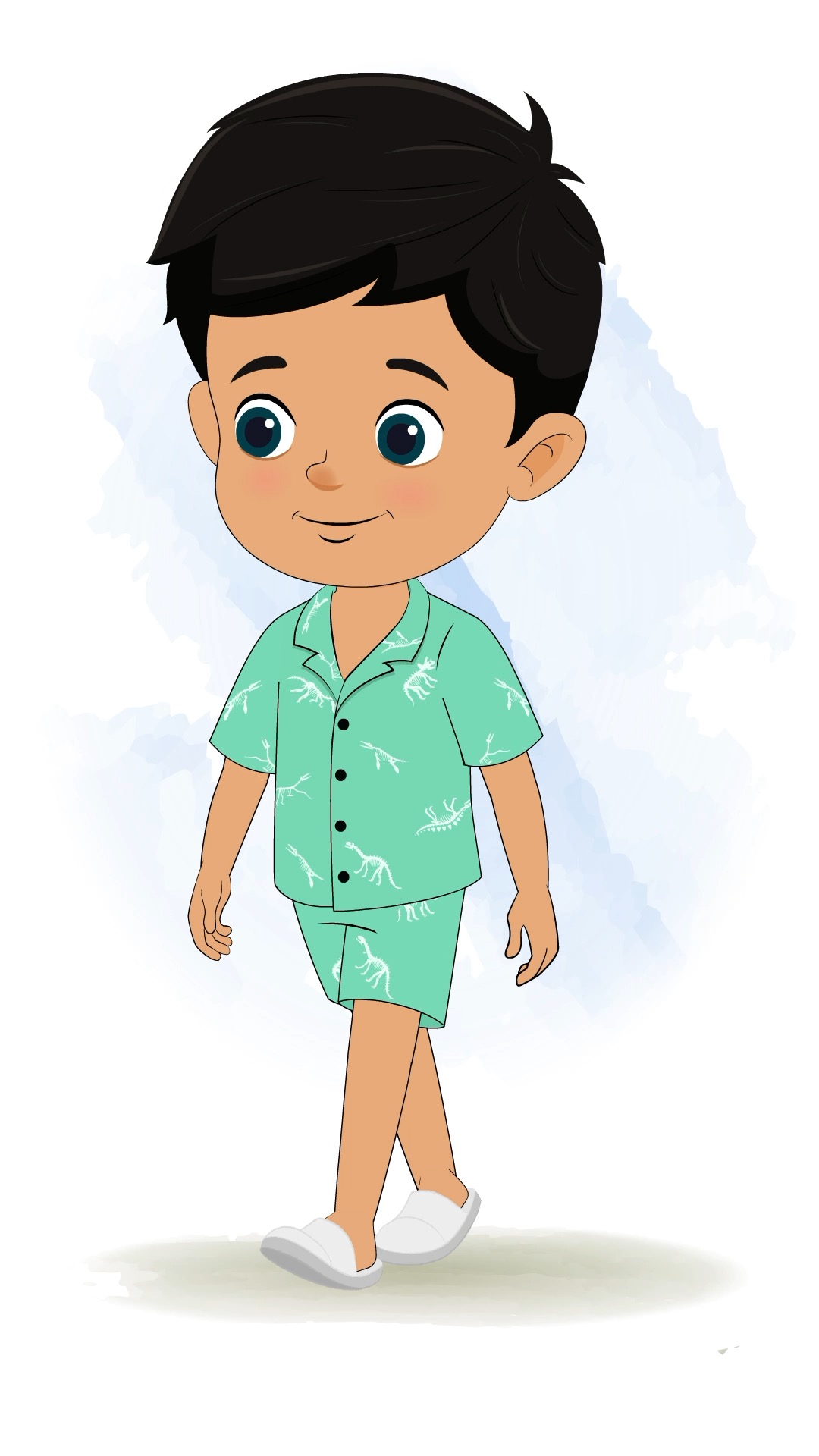 A cute little boy 3/4 front view/three quarter view walking animated cartoon character aka rohan