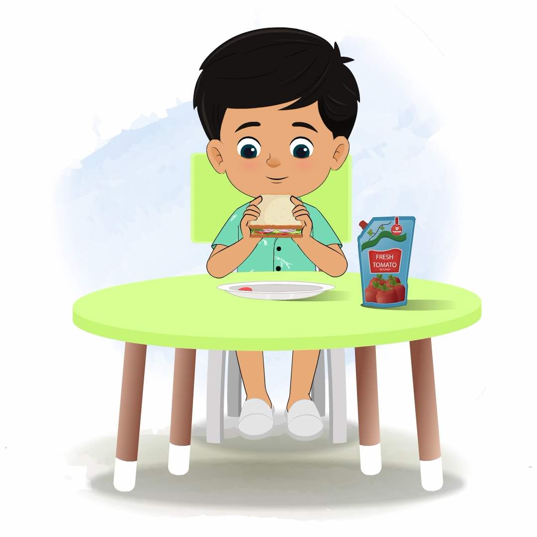 A cute little boy animated cartoon character sitting at a table and eating a sandwich aka rohan