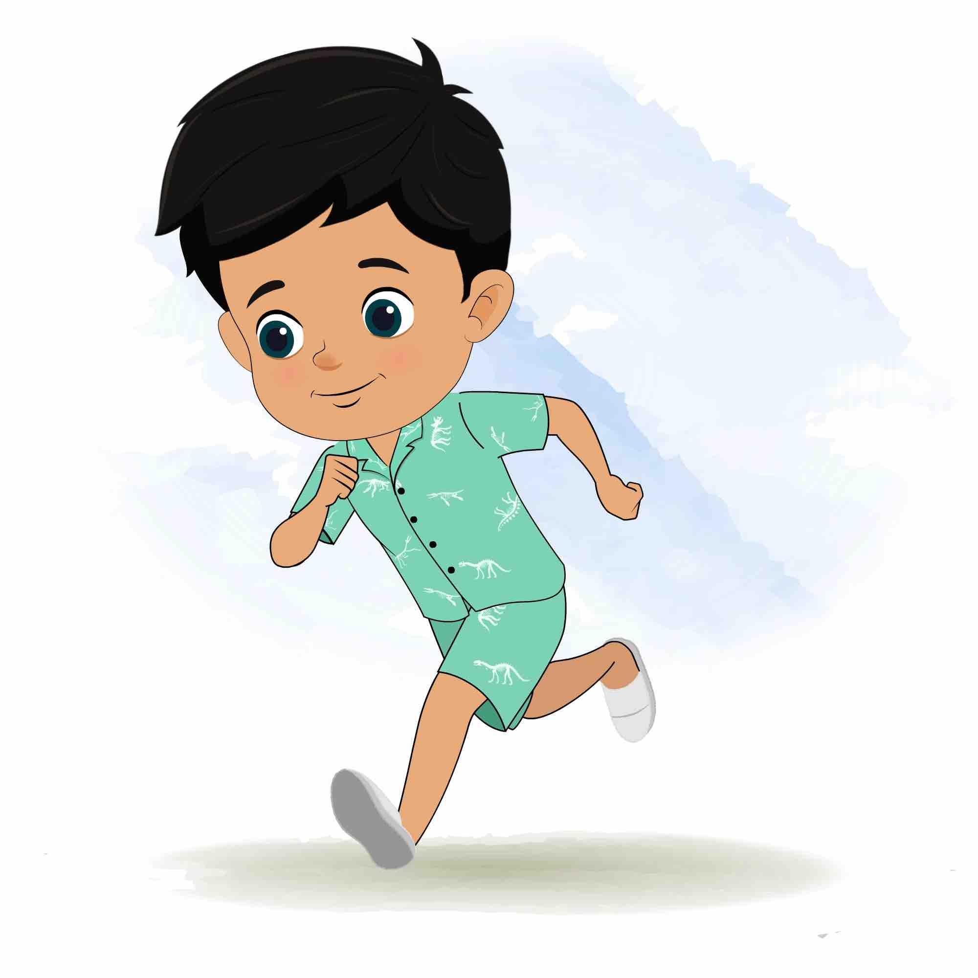 A cute little boy running three quarter view animated cartoon character. A 3/4 three quater view running cartoon aka rohan