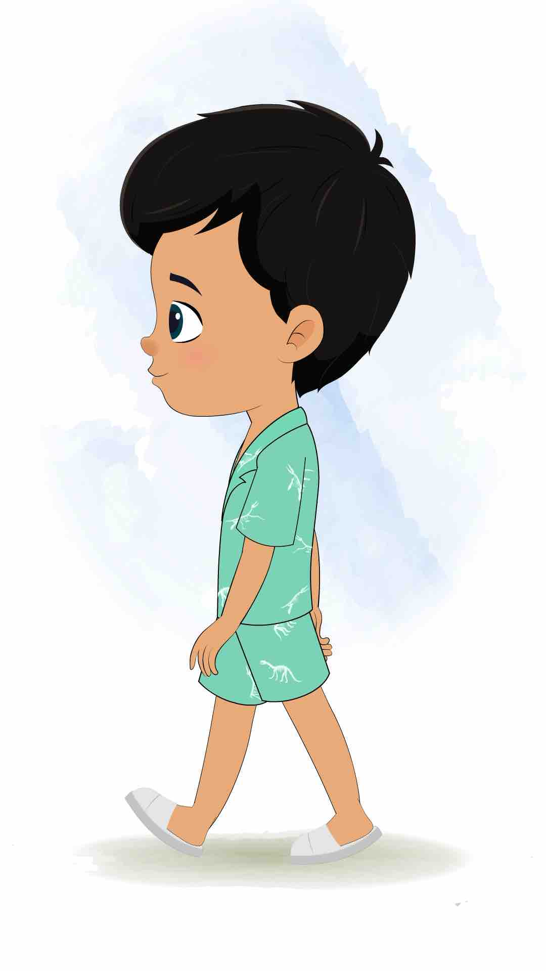 A cute little boy walking side view animated cartoon character aka rohan