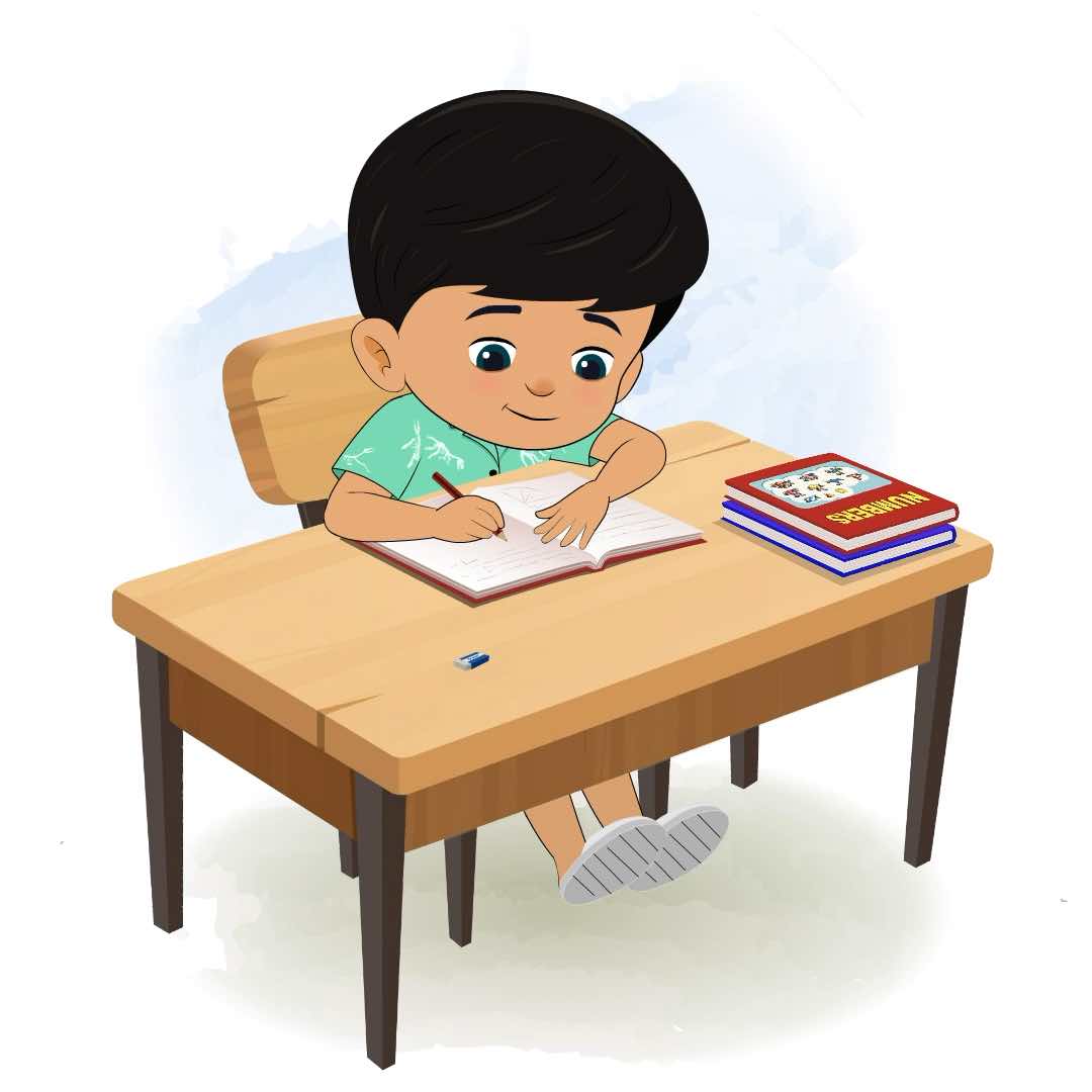 A cute little boy doing homework and sitting on the table animated cartoon character aka rohan