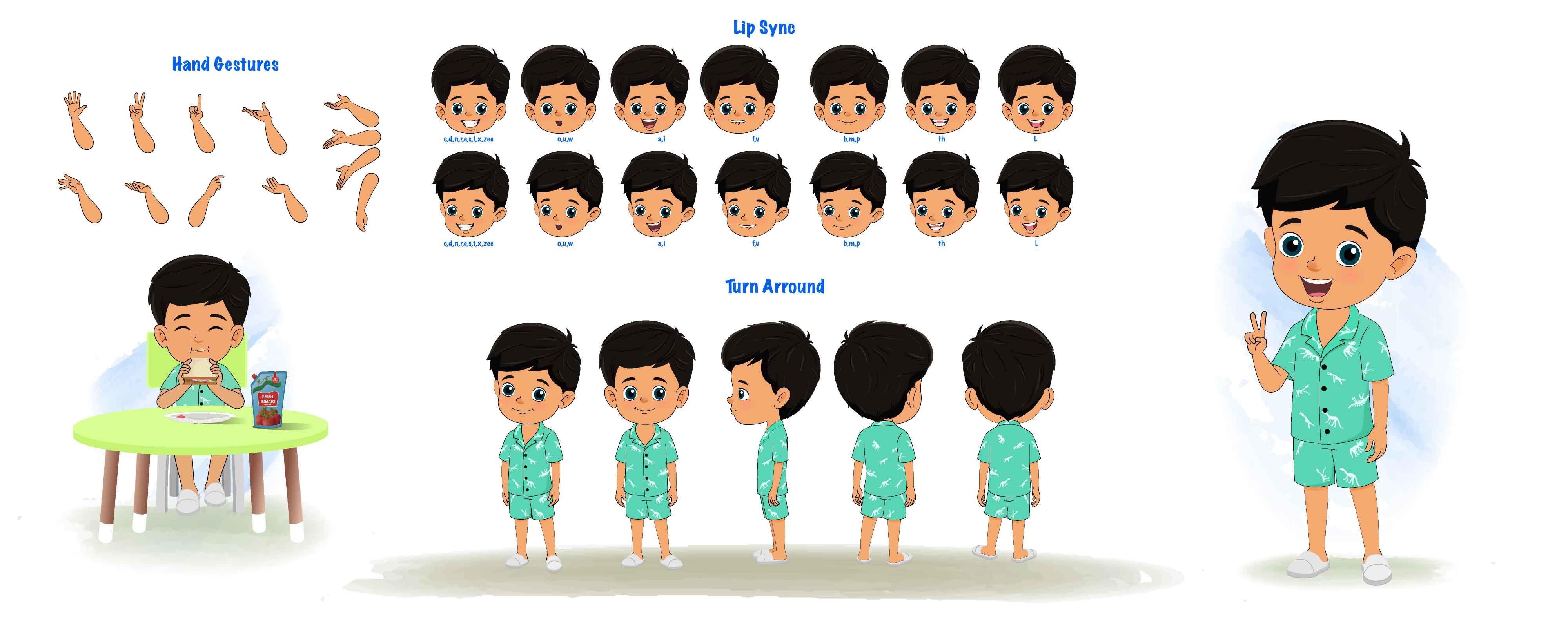 A cute little boy cartoon character construction/model sheet aka rohan