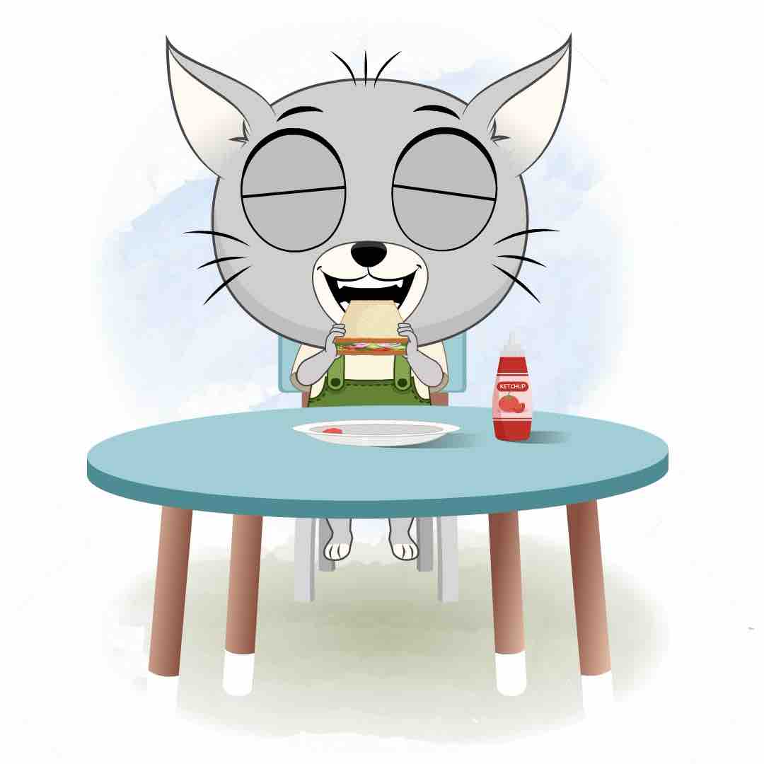 A cat animated cartoon character sitting at a table and eating a sandwich aka kitty the kitten