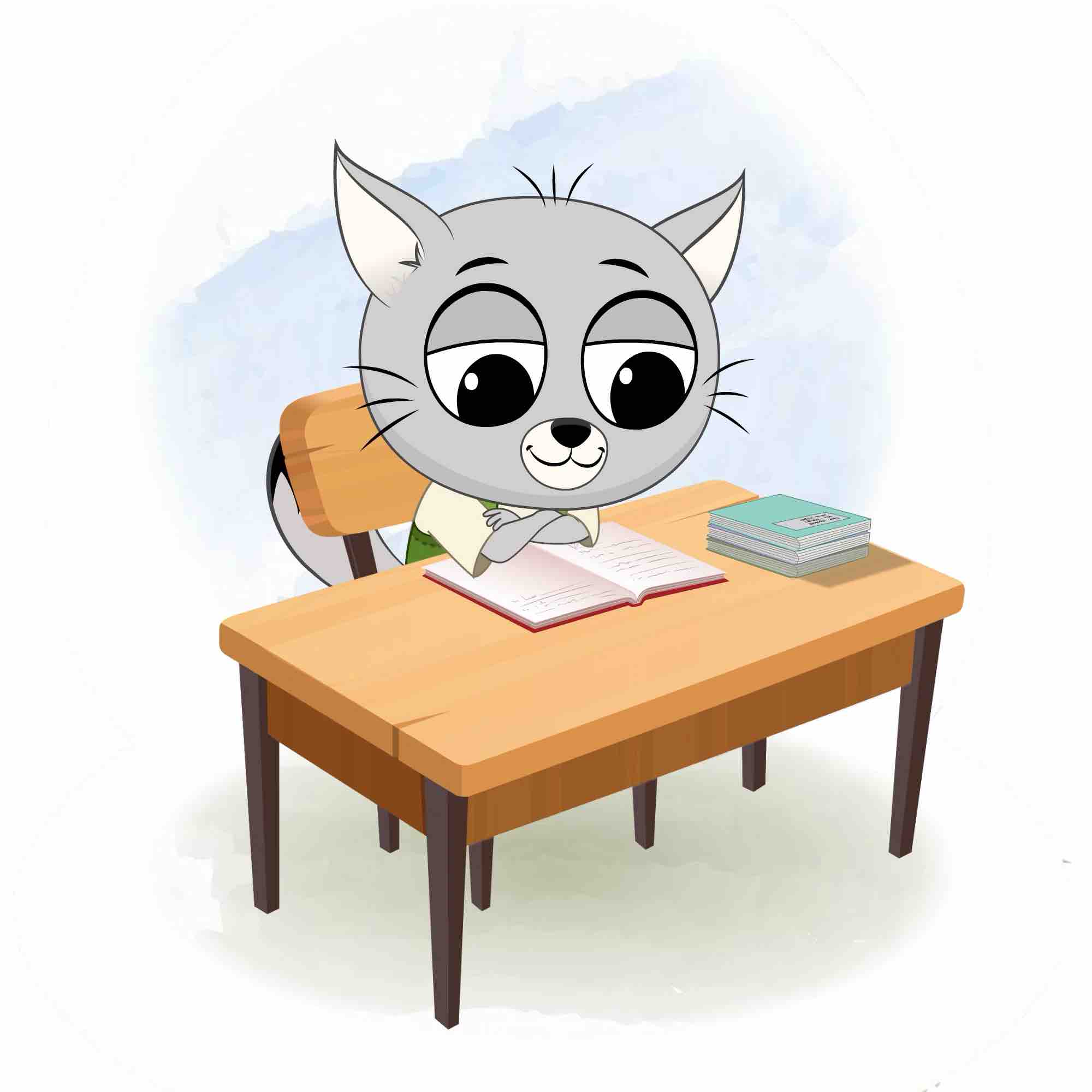 A cat reading a book and sitting on the table animated cartoon character aka kitty the kitten